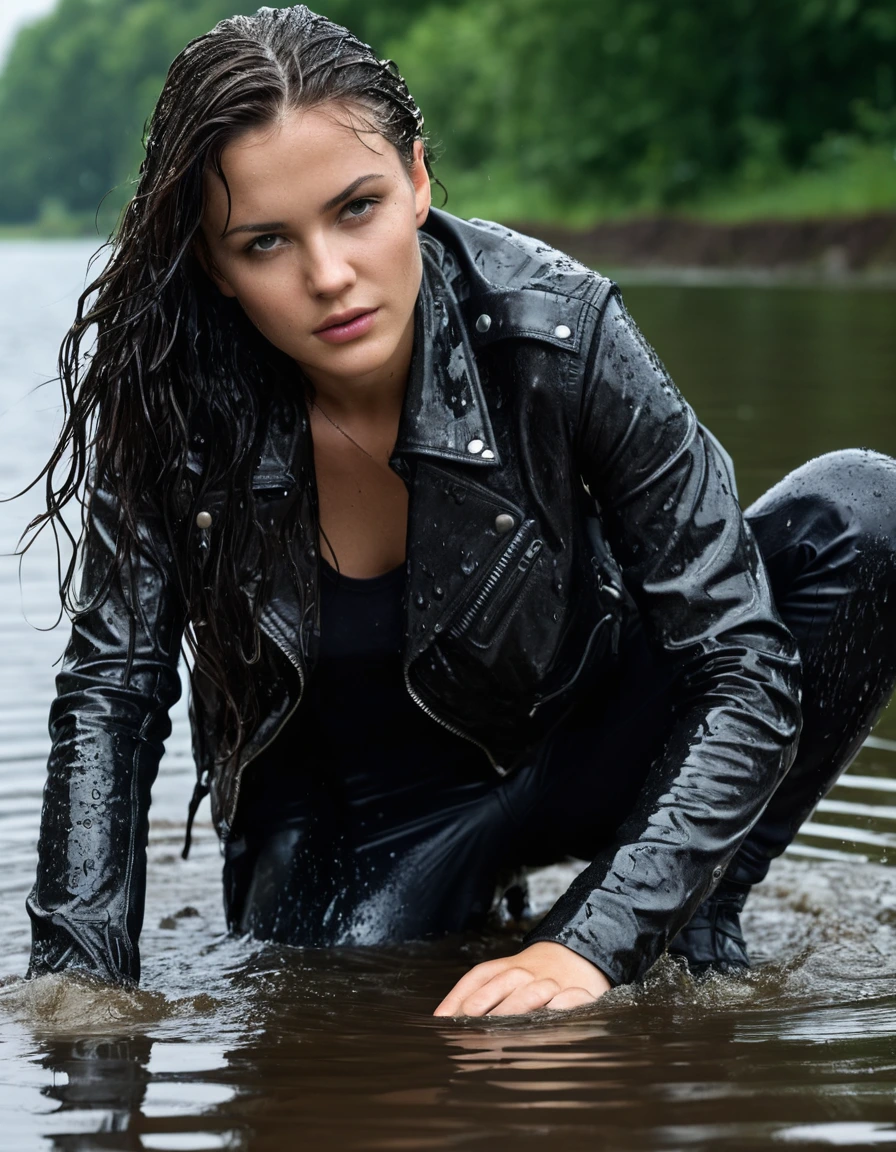 photo of young woman, in soaking wet, drenched clothes,
Black leather ankle boots, soaked and glistening, skin tight black leather jeans, saturated, black long sleeve leather shirt, black bikers leather jacket, swimming in a lake, drenched, close up, 
enjoying, wet clothes stuck to body,
detailed textures of the wet clothes, wet face, wet plastered hair,
wet, drenched, professional, high-quality details, full body view.
sharp focus, ultra-high pixel detail, realistic, high-quality, full colors, incredibly detailed, 4k, 8k, 16k, hyper-realistic, RAW photo, masterpiece, ultra-detailed, professionally color graded, professional photograph, saturated leather clinging to skin, intense flash photography, glossy wet borwn hair, water droplets on skin, sharp contrast, cinematic street lighting, high resolution, dry skin, dry clothes, dry fabric