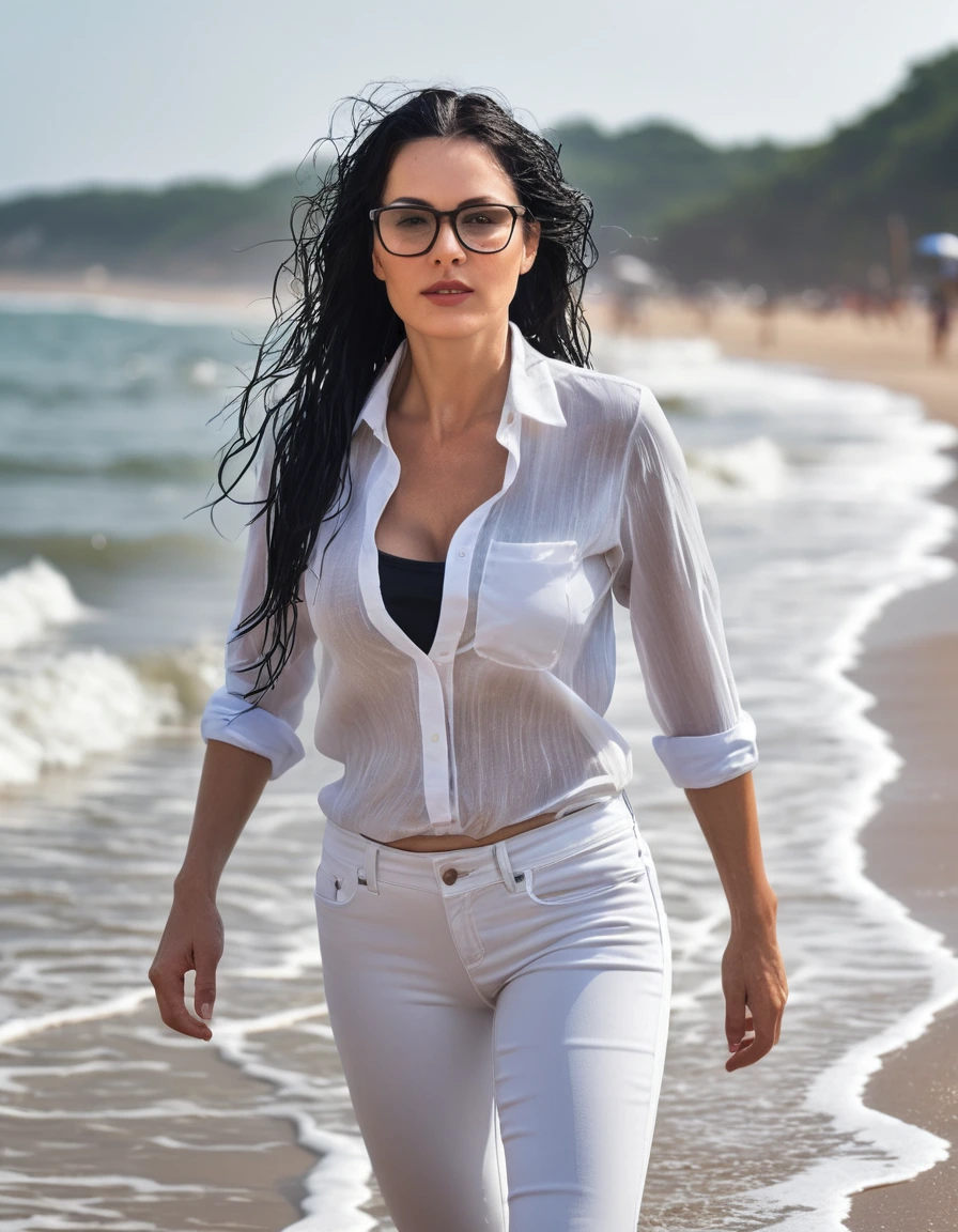 photo of young woman, in soaking wet, drenched clothes,
office shoes , long white jeans leggins, black tight white top, walking on the beach, 
enjoying, wet clothes stuck to body,
detailed textures of the wet clothes, wet face, wet plastered hair,
wet, drenched, professional, high-quality details, full body view.
sharp focus, ultra-high pixel detail, realistic, high-quality, full colors, incredibly detailed, 4k, 8k, 16k, hyper-realistic, RAW photo, masterpiece, ultra-detailed, professionally color graded, professional photograph, woman 51 years old, long black hair, very big and thick lips, office glasses, complete body, open mouth, dry skin, dry clothes, dry fabric