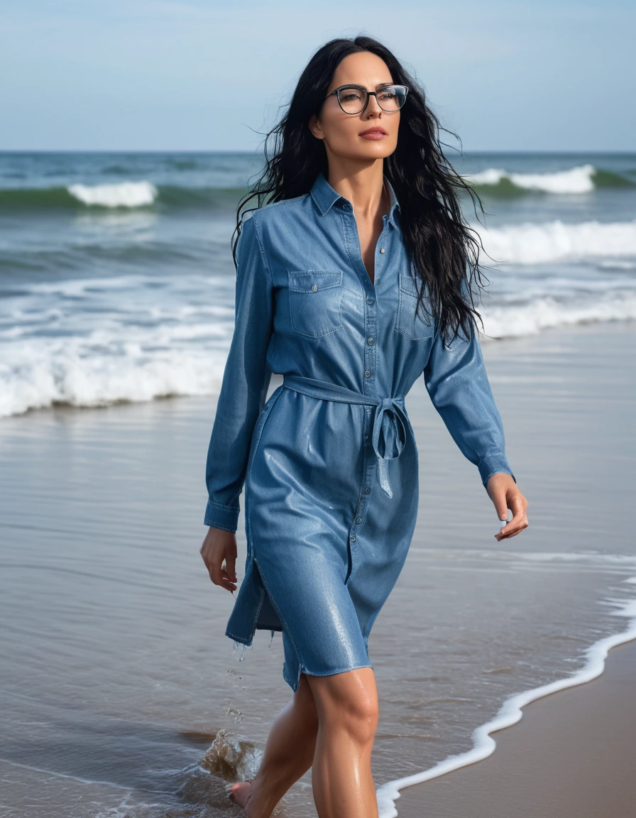 photo of young woman, in soaking wet, drenched clothes,
office shoes , midi tight blue jeans shirt dress, midi tight blue jeans shirt dress, walking on the beach, 
enjoying, wet clothes stuck to body,
detailed textures of the wet clothes, wet face, wet plastered hair,
wet, drenched, professional, high-quality details, full body view.
sharp focus, ultra-high pixel detail, realistic, high-quality, full colors, incredibly detailed, 4k, 8k, 16k, hyper-realistic, RAW photo, masterpiece, ultra-detailed, professionally color graded, professional photograph, woman 51 years old, long black hair, very big and thick lips, office glasses, complete body, open mouth,, dry skin, dry clothes, dry fabric