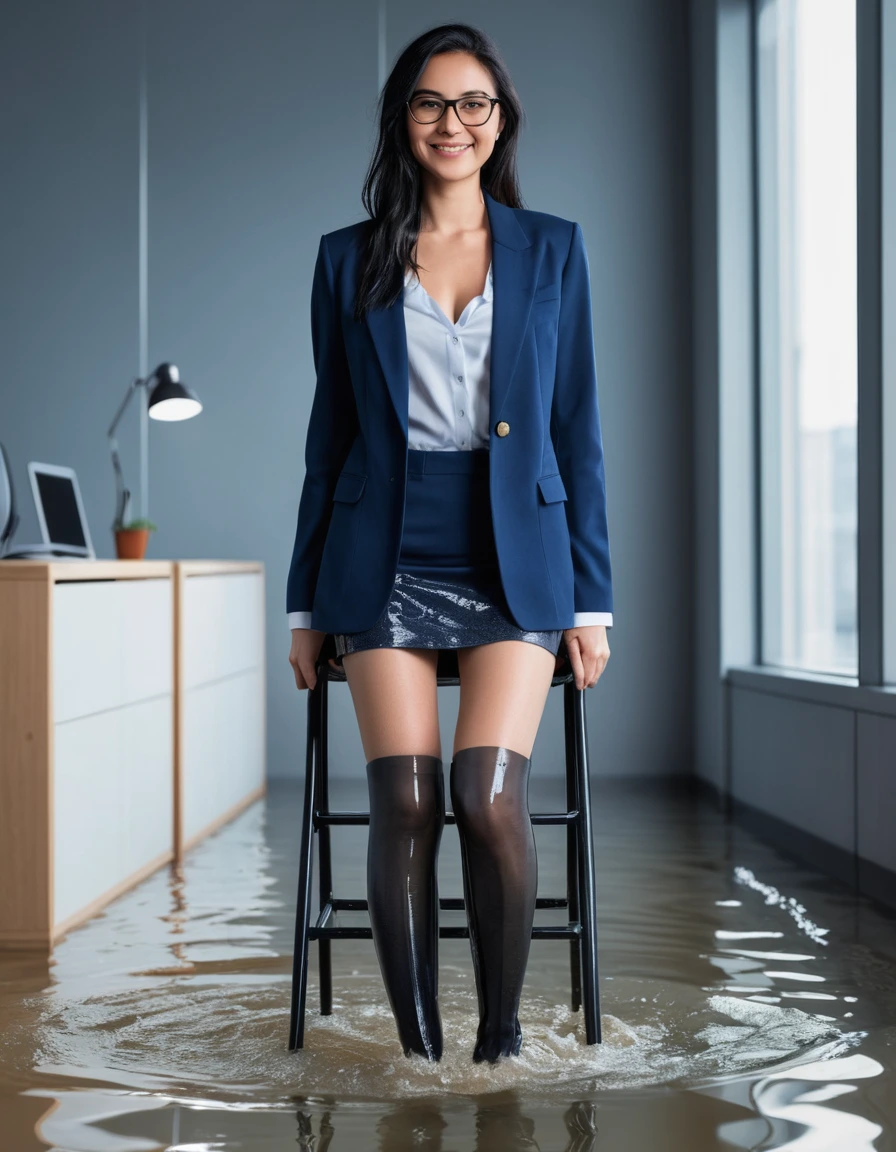 photo of young woman, in soaking wet, drenched clothes,
Overknee boots, darkblue miniskirt with pantyhose, Darkblue fancy blazer over topless, in flooded office room on the swivel chair. Half meter water level in the office, 
enjoying, wet clothes stuck to body,
detailed textures of the wet clothes, wet face, wet plastered hair,
wet, drenched, professional, high-quality details, full body view.
sharp focus, ultra-high pixel detail, realistic, high-quality, full colors, incredibly detailed, 4k, 8k, 16k, hyper-realistic, RAW photo, masterpiece, ultra-detailed, professionally color graded, professional photograph, Gleaming woman 51 years old, large boobs, very long black hair, smiling face expression, office glasses, complete body picture with legs, dry hair, dry blazer, dry skirt, dry skin, dry clothes, dry fabric