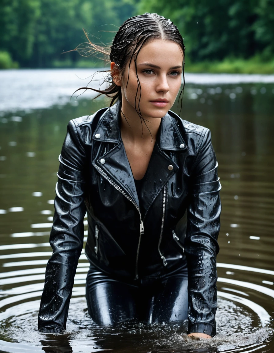 photo of young woman, in soaking wet, drenched clothes,
Black leather ankle boots, soaked and glistening, skin tight black leather jeans, saturated, black long sleeve leather shirt, black bikers leather jacket, swimming in a lake, drenched, close up, 
enjoying, wet clothes stuck to body,
detailed textures of the wet clothes, wet face, wet plastered hair,
wet, drenched, professional, high-quality details, full body view.
sharp focus, ultra-high pixel detail, realistic, high-quality, full colors, incredibly detailed, 4k, 8k, 16k, hyper-realistic, RAW photo, masterpiece, ultra-detailed, professionally color graded, professional photograph, saturated leather clinging to skin, intense flash photography, glossy wet borwn hair, water droplets on skin, sharp contrast, cinematic street lighting, high resolution, dry skin, dry clothes, dry fabric