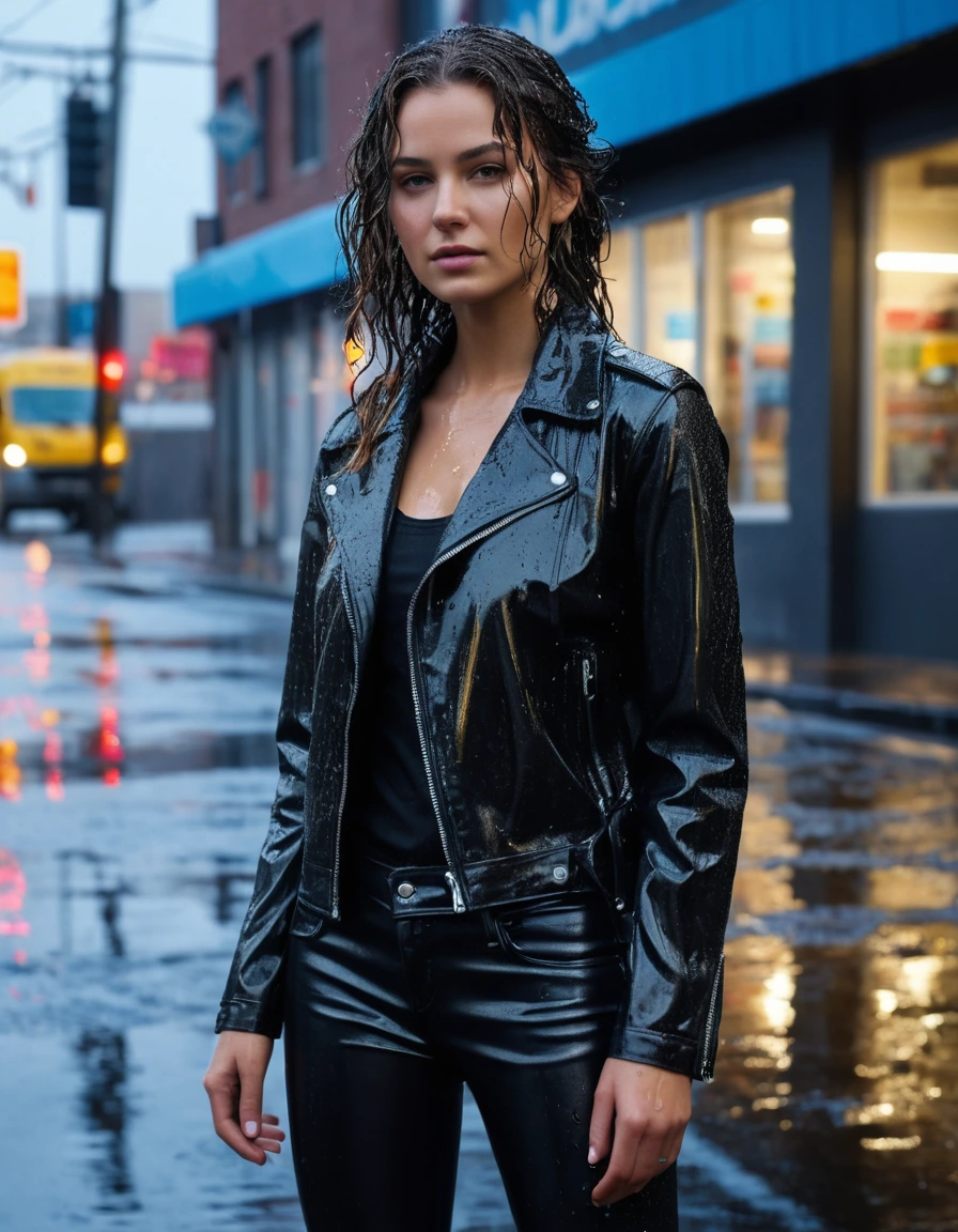 photo of young woman, in soaking wet, drenched clothes,
Black leather ankle boots, soaked and glistening , skin tight black leather jeans, saturated, black long sleeve leather shirt, black bikers leather jacket , suburban street corner next to a neon-lit laundromat entrance, drenched, close up, 
enjoying, wet clothes stuck to body,
detailed textures of the wet clothes, wet face, wet plastered hair,
wet, drenched, professional, high-quality details, full body view.
sharp focus, ultra-high pixel detail, realistic, high-quality, full colors, incredibly detailed, 4k, 8k, 16k, hyper-realistic, RAW photo, masterpiece, ultra-detailed, professionally color graded, professional photograph, intense wind-driven rain, hyper-realistic water droplets, cinematic rim lighting, fabric transparency, high-fashion editorial aesthetic, drenched hair, dry skin, dry clothes, dry fabric