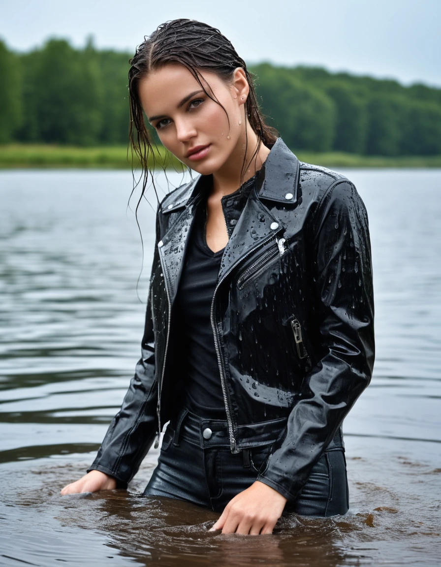photo of young woman, in soaking wet, drenched clothes,
Black leather ankle boots, soaked and glistening, skin tight black leather jeans, saturated, black long sleeve leather shirt, black bikers leather jacket, swimming in a lake, drenched, close up, 
enjoying, wet clothes stuck to body,
detailed textures of the wet clothes, wet face, wet plastered hair,
wet, drenched, professional, high-quality details, full body view.
sharp focus, ultra-high pixel detail, realistic, high-quality, full colors, incredibly detailed, 4k, 8k, 16k, hyper-realistic, RAW photo, masterpiece, ultra-detailed, professionally color graded, professional photograph, saturated leather clinging to skin, intense flash photography, glossy wet borwn hair, water droplets on skin, sharp contrast, cinematic street lighting, high resolution, dry skin, dry clothes, dry fabric