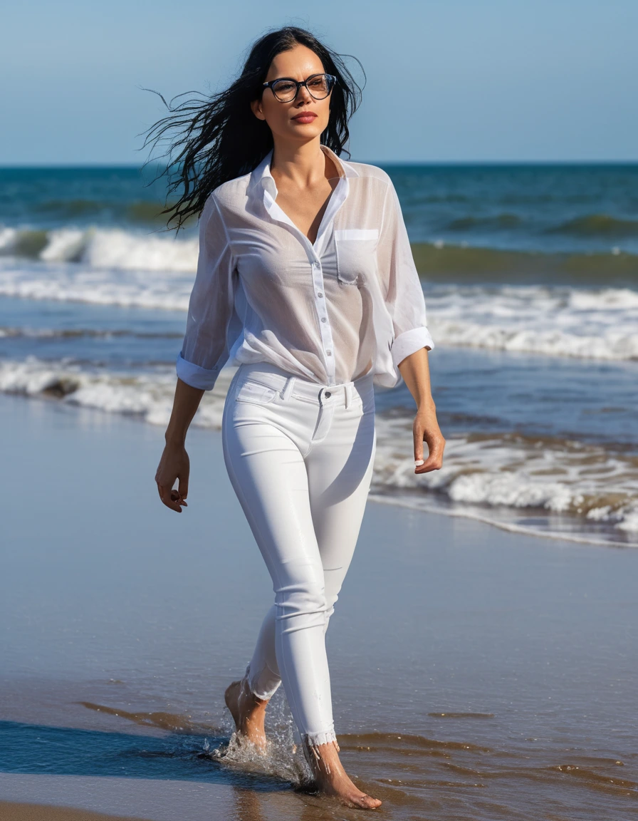 photo of young woman, in soaking wet, drenched clothes,
office shoes , long white jeans leggins, black tight white top, walking on the beach, 
enjoying, wet clothes stuck to body,
detailed textures of the wet clothes, wet face, wet plastered hair,
wet, drenched, professional, high-quality details, full body view.
sharp focus, ultra-high pixel detail, realistic, high-quality, full colors, incredibly detailed, 4k, 8k, 16k, hyper-realistic, RAW photo, masterpiece, ultra-detailed, professionally color graded, professional photograph, woman 51 years old, long black hair, very big and thick lips, office glasses, complete body, open mouth, dry skin, dry clothes, dry fabric