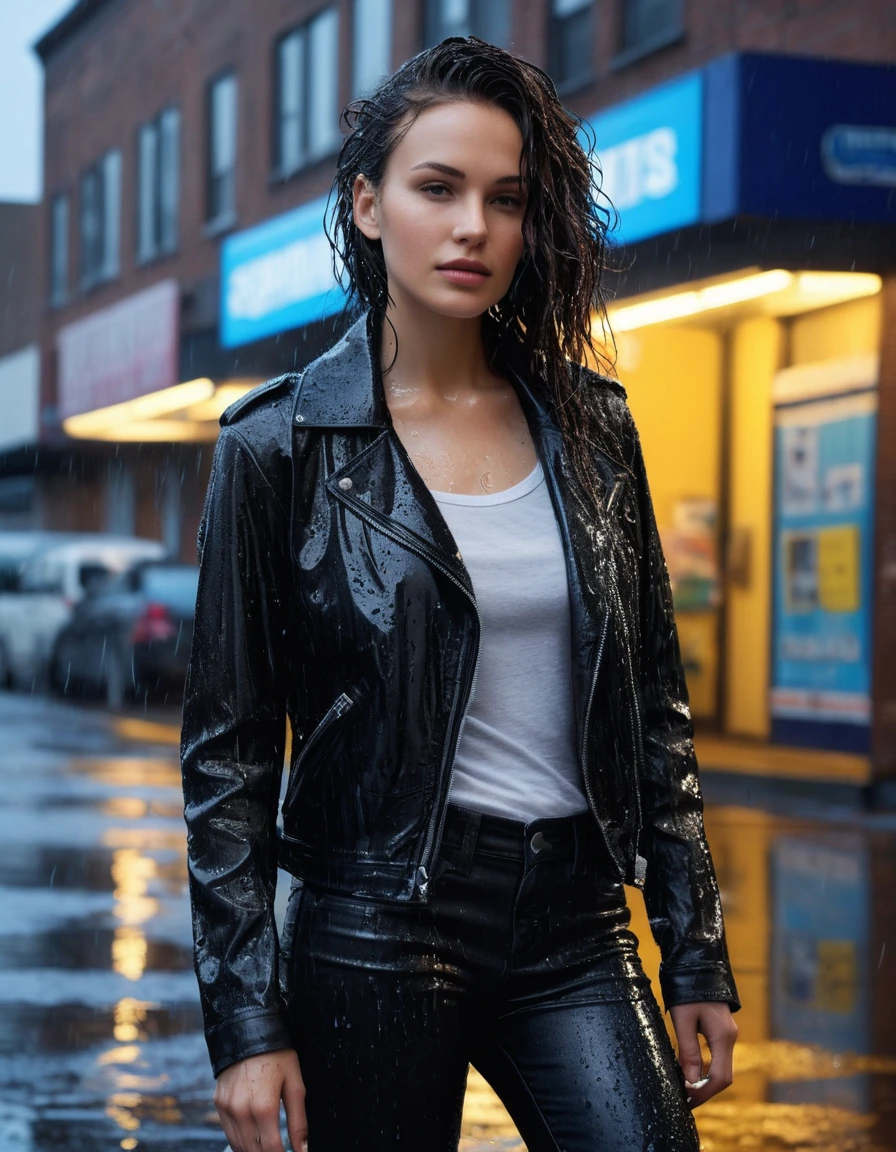 photo of young woman, in soaking wet, drenched clothes,
Black leather ankle boots, soaked and glistening , skin tight black leather jeans, saturated, black long sleeve leather shirt, black bikers leather jacket , suburban street corner next to a neon-lit laundromat entrance, drenched, close up, 
enjoying, wet clothes stuck to body,
detailed textures of the wet clothes, wet face, wet plastered hair,
wet, drenched, professional, high-quality details, full body view.
sharp focus, ultra-high pixel detail, realistic, high-quality, full colors, incredibly detailed, 4k, 8k, 16k, hyper-realistic, RAW photo, masterpiece, ultra-detailed, professionally color graded, professional photograph, intense wind-driven rain, hyper-realistic water droplets, cinematic rim lighting, fabric transparency, high-fashion editorial aesthetic, drenched hair, dry skin, dry clothes, dry fabric
