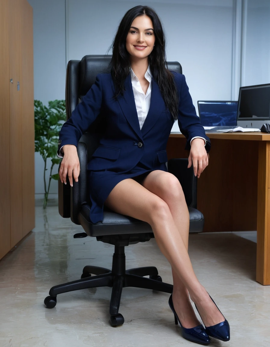 photo of young woman, in soaking wet, drenched clothes,
office shoes , darkblue miniskirt, Darkblue fancy blazer over topless, in deeply flooded office room on the swivel chair, 
enjoying, wet clothes stuck to body,
detailed textures of the wet clothes, wet face, wet plastered hair,
wet, drenched, professional, high-quality details, full body view.
sharp focus, ultra-high pixel detail, realistic, high-quality, full colors, incredibly detailed, 4k, 8k, 16k, hyper-realistic, RAW photo, masterpiece, ultra-detailed, professionally color graded, professional photograph, woman 51 years old, large boobs, very long black hair, very big and thick lips, smiling face expression, office glasses, complete body picture with legs, open mouth, dry hair, dry blazer, dry skirt, dry skin, dry clothes, dry fabric