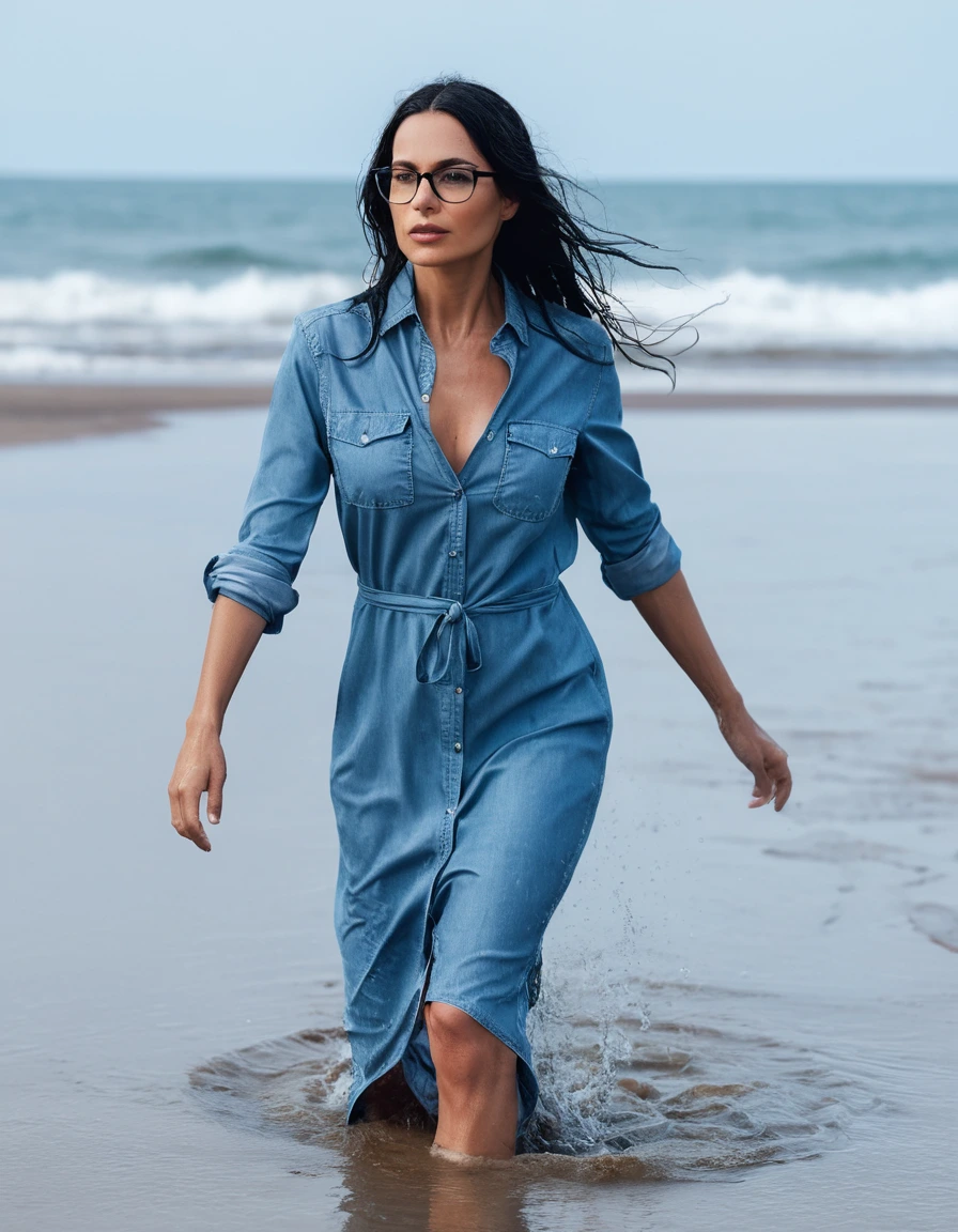 photo of young woman, in soaking wet, drenched clothes,
office shoes , maxitight light blue jeans shirt dress, maxi tight blue jeans shirt dress, walking on the beach, 
enjoying, wet clothes stuck to body,
detailed textures of the wet clothes, wet face, wet plastered hair,
wet, drenched, professional, high-quality details, full body view.
sharp focus, ultra-high pixel detail, realistic, high-quality, full colors, incredibly detailed, 4k, 8k, 16k, hyper-realistic, RAW photo, masterpiece, ultra-detailed, professionally color graded, professional photograph, woman 51 years old, long black hair, very big and thick lips, office glasses, complete body, open mouth, dry skin, dry clothes, dry fabric