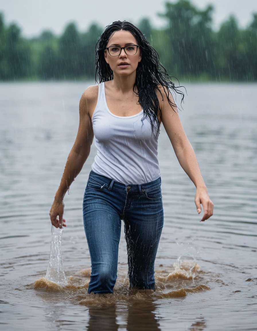 photo of young woman, in soaking wet, drenched clothes,
office shoes , long blue jeans leggins, white tight tank top, walking submerged in lake under hard rain, 
enjoying, wet clothes stuck to body,
detailed textures of the wet clothes, wet face, wet plastered hair,
wet, drenched, professional, high-quality details, full body view.
sharp focus, ultra-high pixel detail, realistic, high-quality, full colors, incredibly detailed, 4k, 8k, 16k, hyper-realistic, RAW photo, masterpiece, ultra-detailed, professionally color graded, professional photograph, woman 51 years old, long black hair, very big and thick lips, office glasses, complete body, open mouth, dry skin, dry clothes, dry fabric
