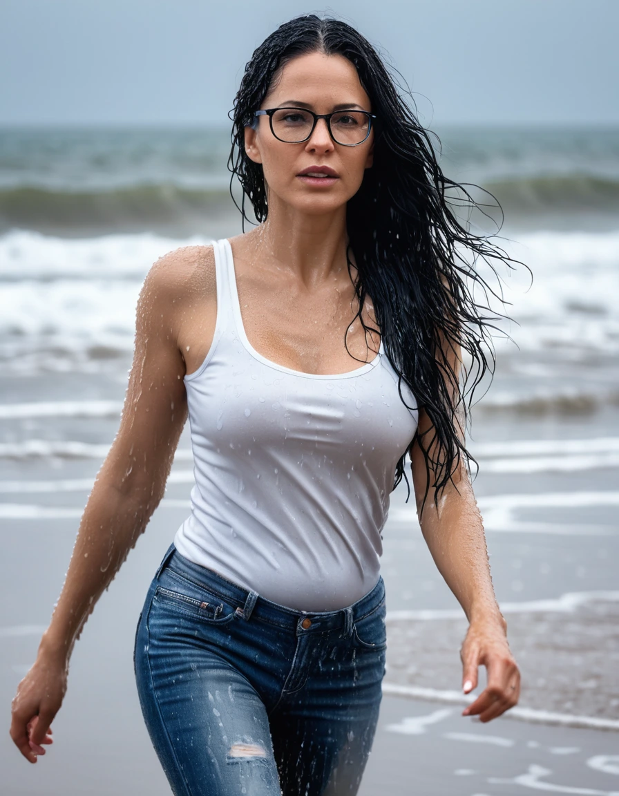 photo of young woman, in soaking wet, drenched clothes,
office shoes , long blue jeans leggins, white tight tank top, walking on the beach under hard rain, 
enjoying, wet clothes stuck to body,
detailed textures of the wet clothes, wet face, wet plastered hair,
wet, drenched, professional, high-quality details, full body view.
sharp focus, ultra-high pixel detail, realistic, high-quality, full colors, incredibly detailed, 4k, 8k, 16k, hyper-realistic, RAW photo, masterpiece, ultra-detailed, professionally color graded, professional photograph, woman 51 years old, long black hair, very big and thick lips, office glasses, complete body, open mouth, dry skin, dry clothes, dry fabric
