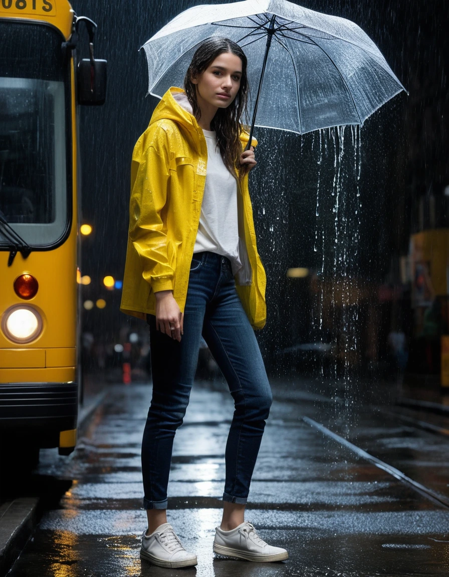photo of young woman, in soaking wet, drenched clothes,
soaked white canvas sneakers, heavy rain-drenched dark denim jeans, clinging saturated yellow cotton t-shirt, dimly lit city bus stop shelter at night, 
enjoying, wet clothes stuck to body,
detailed textures of the wet clothes, wet face, wet plastered hair,
wet, drenched, professional, high-quality details, full body view.
sharp focus, ultra-high pixel detail, realistic, high-quality, full colors, incredibly detailed, 4k, 8k, 16k, hyper-realistic, RAW photo, masterpiece, ultra-detailed, professionally color graded, professional photograph, candid paparazzi style, high contrast flash photography, water droplets dripping from fabric, intense fabric cling, dark rainy atmosphere, wet hair, realistic skin texture, sharp focus, cinematic lighting, dry skin, dry clothes, dry fabric