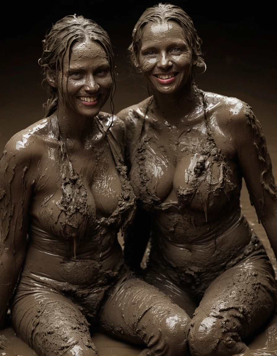 photo of young woman, in soaking wet, drenched clothes,
Muddy high heels, Long very muddy suit pants, Full muddy ruined fully-opened unbuttoned sexy blazer like a fancy uniform over topless with super sexy cleavage and exposed extreme huge saggy hanging boobs., Dark muddy indoor disco club at night. Deep mud on the floor, mud splashed walls, dripping mud from above, very dark mood lighting with pink and blue neon lights from above. Muddy chairs and sofas in the background. , 
enjoying, wet clothes stuck to body,
detailed textures of the wet clothes, wet face, wet plastered hair,
wet, drenched, professional, high-quality details, full body view.
sharp focus, ultra-high pixel detail, realistic, high-quality, full colors, incredibly detailed, 4k, 8k, 16k, hyper-realistic, RAW photo, masterpiece, ultra-detailed, professionally color graded, professional photograph, Three stunning blonde 60 years old beautiful gleaming grannies are wallowing together in the deep muddy pool after a full dip in it and holding a glass of champagne in their hands during the crazy muddy indoor disco party at night and posing for a professional photo. They are proudly wearing their fully and heavily mud-covered unbuttoned and opened sexy suits in every case which are fully exposing their amazingly huge sexy and saggy muddy boobs. Focus on the blazers, on the large muddy cleavages of the blazers and on the bravely displayed super huge muddy heavy saggy boobs. Every small details of the clothes are muddy, muddy beautiful faces, muddy chests and huge saggy boobs. Their blazer has the same colour as their muddy pants. The classy elegant disco club is totally destroyed by mud, mud spots everywhere, mud flows down on the walls, mud on the furnitures in the background. Straight muddy very long open wavy hairstyle, muddy hair, smiling and satisfied beautiful muddy faces, blue eyes, necklaces, earrings, lipstick. The women are enjoying to being total muddy in the muddy pool, being sexy, naughty while they are enjoying the muddy fetish party. Realistic huge heavy saggy muddy boobs and photorealistic detailed smiling facial expressions. Intimate close-up picture about the women. Close-up photo from front view, highly realistic representation, ultra sharp focus, highly photorealistic detailed textures, highly photorealistic detailed facial features and expressions, highly photorealistic hands, highly emotional reactions, highly best quality, highly sharp photorealistic image, highly photorealistic details, full UHD resolution, 32 K, very high level of detail and image sharpness, zoomed in, dry skin, dry clothes, dry fabric, dry skin, dry clothes, dry fabric, dry skin, dry clothes, dry fabric, dry skin, dry clothes, dry fabric, dry skin, dry clothes, dry fabric, dry skin, dry clothes, dry fabric, dry skin, dry clothes, dry fabric, dry skin, dry clothes, dry fabric