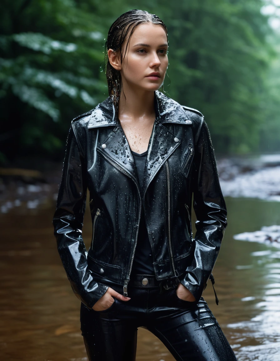 photo of young woman, in soaking wet, drenched clothes,
Black leather ankle boots, soaked and glistening , skin tight black leather jeans, saturated, black long sleeve leather shirt, black bikers leather jacket , snow covered forest, standing waiste deep in a river, drenched, close up, 
enjoying, wet clothes stuck to body,
detailed textures of the wet clothes, wet face, wet plastered hair,
wet, drenched, professional, high-quality details, full body view.
sharp focus, ultra-high pixel detail, realistic, high-quality, full colors, incredibly detailed, 4k, 8k, 16k, hyper-realistic, RAW photo, masterpiece, ultra-detailed, professionally color graded, professional photograph, intense wind-driven rain, hyper-realistic water droplets, cinematic rim lighting, fabric transparency, high-fashion editorial aesthetic, drenched hair, dry skin, dry clothes, dry fabric