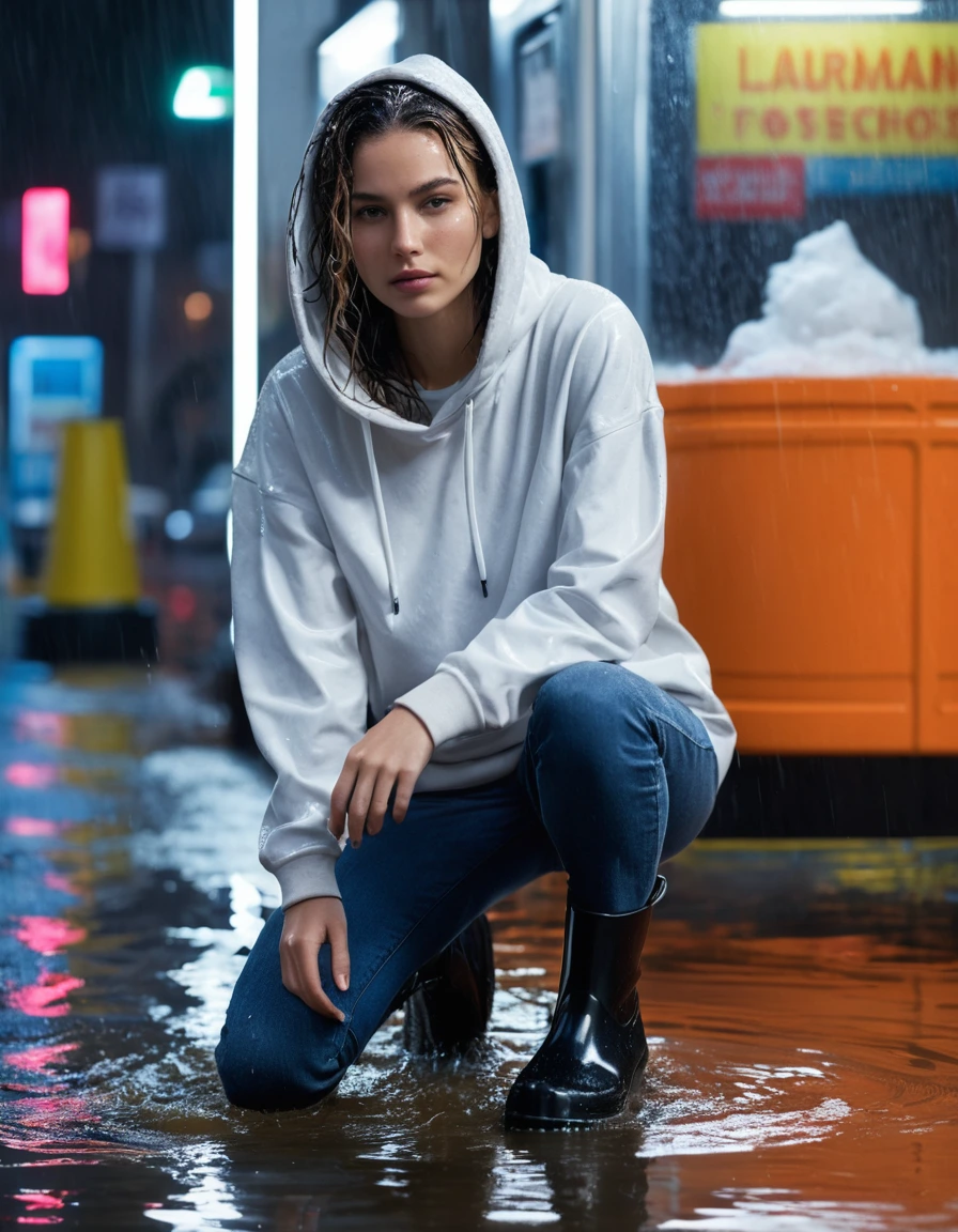 photo of young woman, in soaking wet, drenched clothes,
black rubber knee-high rain boots, tight navy blue denim skinny jeans, soaking wet, heavy white cotton hoodie, saturated and clinging to skin, suburban street corner next to a neon-lit laundromat entrance, 
enjoying, wet clothes stuck to body,
detailed textures of the wet clothes, wet face, wet plastered hair,
wet, drenched, professional, high-quality details, full body view.
sharp focus, ultra-high pixel detail, realistic, high-quality, full colors, incredibly detailed, 4k, 8k, 16k, hyper-realistic, RAW photo, masterpiece, ultra-detailed, professionally color graded, professional photograph, intense wind-driven rain, hyper-realistic water droplets, cinematic rim lighting, fabric transparency, high-fashion editorial aesthetic, drenched hair, dry skin, dry clothes, dry fabric