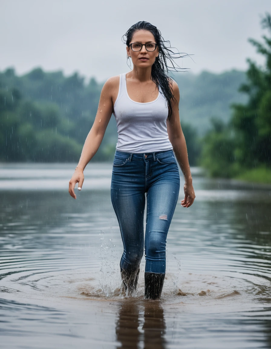 photo of young woman, in soaking wet, drenched clothes,
office shoes , long blue jeans leggins, white tight tank top, walking submerged in lake under hard rain, 
enjoying, wet clothes stuck to body,
detailed textures of the wet clothes, wet face, wet plastered hair,
wet, drenched, professional, high-quality details, full body view.
sharp focus, ultra-high pixel detail, realistic, high-quality, full colors, incredibly detailed, 4k, 8k, 16k, hyper-realistic, RAW photo, masterpiece, ultra-detailed, professionally color graded, professional photograph, woman 51 years old, long black hair, very big and thick lips, office glasses, complete body, open mouth, dry skin, dry clothes, dry fabric