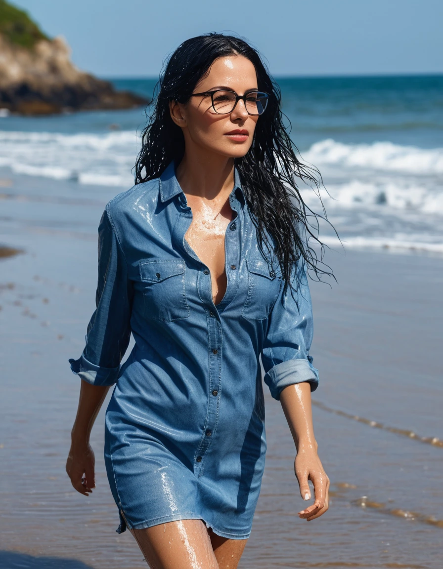 photo of young woman, in soaking wet, drenched clothes,
office shoes , mini tight blue jeans shirt dress, mini tight blue jeans shirt dress, walking on the beach, 
enjoying, wet clothes stuck to body,
detailed textures of the wet clothes, wet face, wet plastered hair,
wet, drenched, professional, high-quality details, full body view.
sharp focus, ultra-high pixel detail, realistic, high-quality, full colors, incredibly detailed, 4k, 8k, 16k, hyper-realistic, RAW photo, masterpiece, ultra-detailed, professionally color graded, professional photograph, woman 51 years old, long black hair, very big and thick lips, office glasses, complete body, open mouth, dry skin, dry clothes, dry fabric