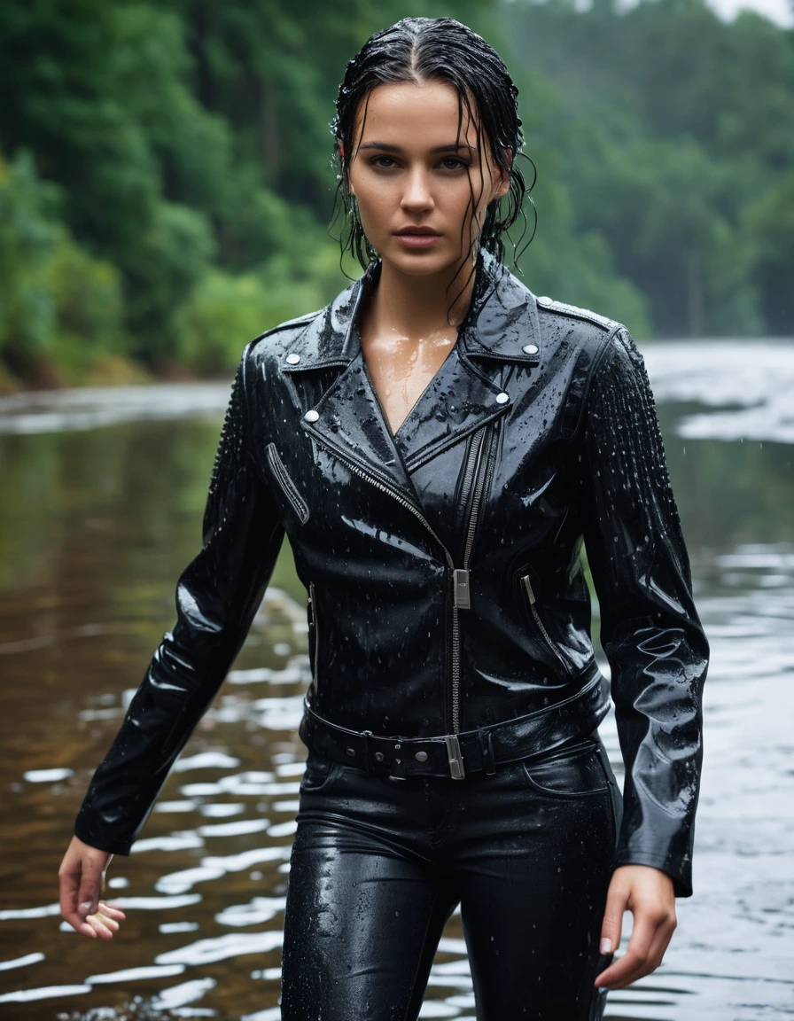 photo of young woman, in soaking wet, drenched clothes,
Black leather ankle boots, soaked and glistening , skin tight black leather jeans, saturated, black long sleeve leather shirt, black bikers leather jacket , snow covered forest, standing waiste deep in a river, drenched, close up, 
enjoying, wet clothes stuck to body,
detailed textures of the wet clothes, wet face, wet plastered hair,
wet, drenched, professional, high-quality details, full body view.
sharp focus, ultra-high pixel detail, realistic, high-quality, full colors, incredibly detailed, 4k, 8k, 16k, hyper-realistic, RAW photo, masterpiece, ultra-detailed, professionally color graded, professional photograph, intense wind-driven rain, hyper-realistic water droplets, cinematic rim lighting, fabric transparency, high-fashion editorial aesthetic, drenched hair, dry skin, dry clothes, dry fabric