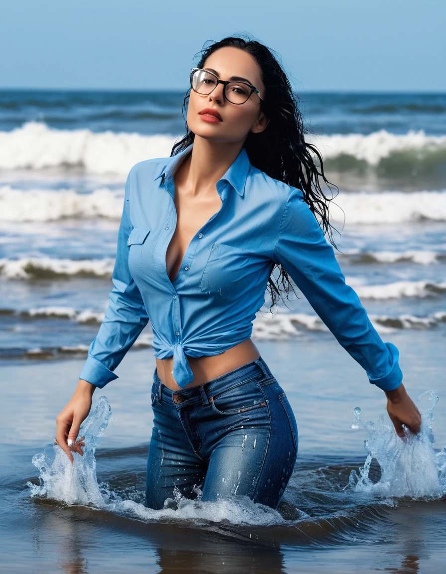 photo of young woman, in soaking wet, drenched clothes,
office shoes , long light blue tight jeans shinning, light blue tight jeans top, walking complete submerged in the waves, 
enjoying, wet clothes stuck to body,
detailed textures of the wet clothes, wet face, wet plastered hair,
wet, drenched, professional, high-quality details, full body view.
sharp focus, ultra-high pixel detail, realistic, high-quality, full colors, incredibly detailed, 4k, 8k, 16k, hyper-realistic, RAW photo, masterpiece, ultra-detailed, professionally color graded, professional photograph, woman 51 years old, long black hair, very big and thick lips, office glasses, complete body, open mouth, dry skin, dry clothes, dry fabric