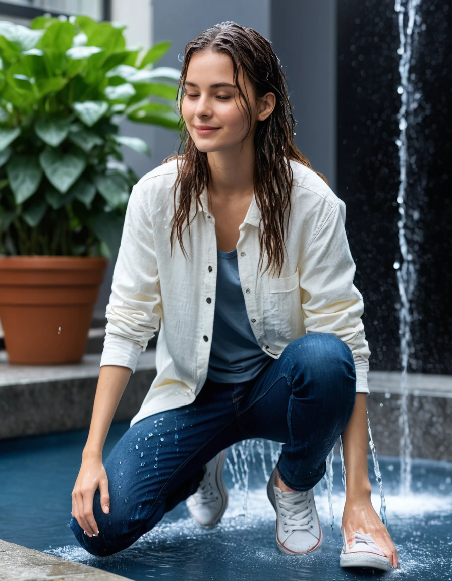 photo of young woman, in soaking wet, drenched clothes,
White canvas sneakers with water pooling inside, Dark blue denim skinny jeans, heavy with water weight, Pale yellow ribbed cotton long-sleeve shirt, translucent, Concrete apartment courtyard with decorative water fountain in background, 
enjoying, wet clothes stuck to body,
detailed textures of the wet clothes, wet face, wet plastered hair,
wet, drenched, professional, high-quality details, full body view.
sharp focus, ultra-high pixel detail, realistic, high-quality, full colors, incredibly detailed, 4k, 8k, 16k, hyper-realistic, RAW photo, masterpiece, ultra-detailed, professionally color graded, professional photograph, Drenched aesthetic, fabric clinging to skin, hyper-realistic, bright daylight, shimmering water droplets, candid street photography, 8k resolution, glistening textures, dry skin, dry clothes, dry fabric