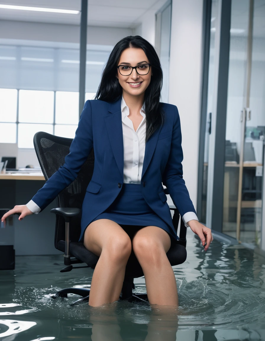 photo of young woman, in soaking wet, drenched clothes,
High heels, darkblue miniskirt with pantyhose, Darkblue fancy blazer over topless, in flooded office room on the swivel chair. Half meter water level in the office, 
enjoying, wet clothes stuck to body,
detailed textures of the wet clothes, wet face, wet plastered hair,
wet, drenched, professional, high-quality details, full body view.
sharp focus, ultra-high pixel detail, realistic, high-quality, full colors, incredibly detailed, 4k, 8k, 16k, hyper-realistic, RAW photo, masterpiece, ultra-detailed, professionally color graded, professional photograph, Gleaming european woman 51 years old, large boobs, very long black hair, smiling face expression, office glasses, complete body picture with legs, dry hair, dry blazer, dry skirt, dry skin, dry clothes, dry fabric