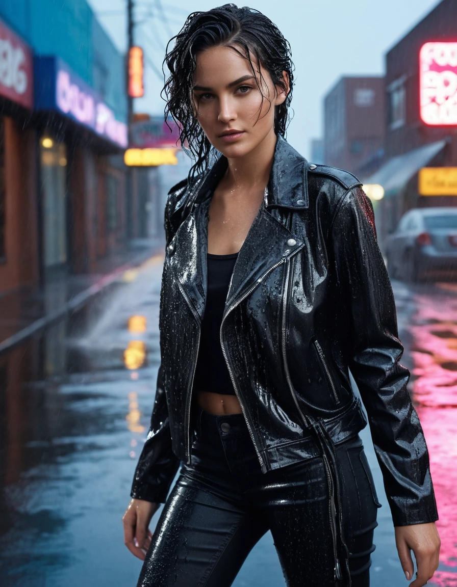 photo of young woman, in soaking wet, drenched clothes,
Black leather ankle boots, soaked and glistening , skin tight black leather jeans, saturated, black long sleeve leather shirt, black bikers leather jacket , suburban street corner next to a neon-lit laundromat entrance, drenched, close up, 
enjoying, wet clothes stuck to body,
detailed textures of the wet clothes, wet face, wet plastered hair,
wet, drenched, professional, high-quality details, full body view.
sharp focus, ultra-high pixel detail, realistic, high-quality, full colors, incredibly detailed, 4k, 8k, 16k, hyper-realistic, RAW photo, masterpiece, ultra-detailed, professionally color graded, professional photograph, intense wind-driven rain, hyper-realistic water droplets, cinematic rim lighting, fabric transparency, high-fashion editorial aesthetic, drenched hair, dry skin, dry clothes, dry fabric