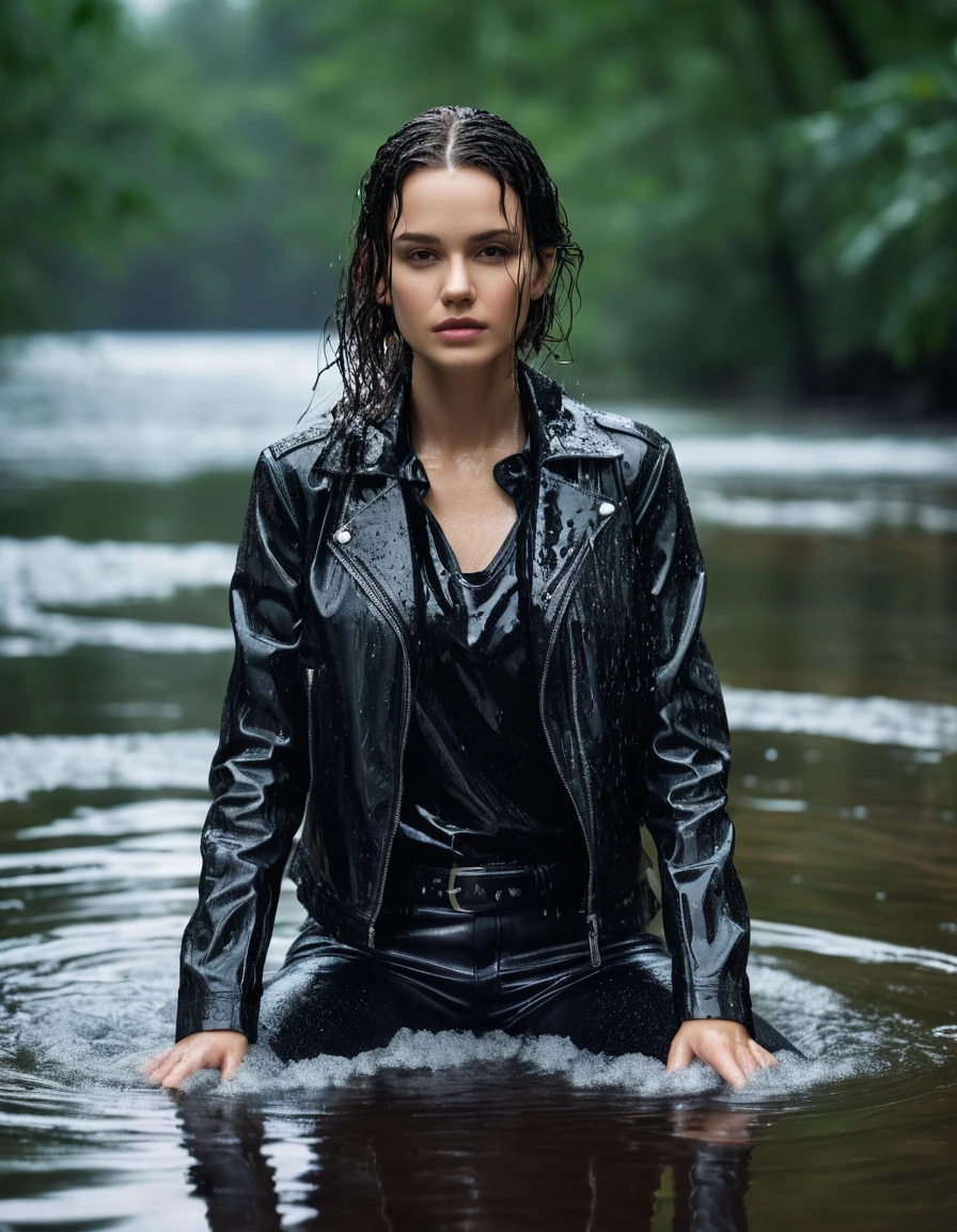 photo of young woman, in soaking wet, drenched clothes,
Black leather ankle boots, soaked and glistening , skin tight black leather jeans, saturated, black long sleeve leather shirt, black bikers leather jacket , snow covered forest, lying sbmerged in a river, head and sholders above the water, drenched, close up, 
enjoying, wet clothes stuck to body,
detailed textures of the wet clothes, wet face, wet plastered hair,
wet, drenched, professional, high-quality details, full body view.
sharp focus, ultra-high pixel detail, realistic, high-quality, full colors, incredibly detailed, 4k, 8k, 16k, hyper-realistic, RAW photo, masterpiece, ultra-detailed, professionally color graded, professional photograph, intense wind-driven rain, hyper-realistic water droplets, cinematic rim lighting, fabric transparency, high-fashion editorial aesthetic, drenched hair, dry skin, dry clothes, dry fabric