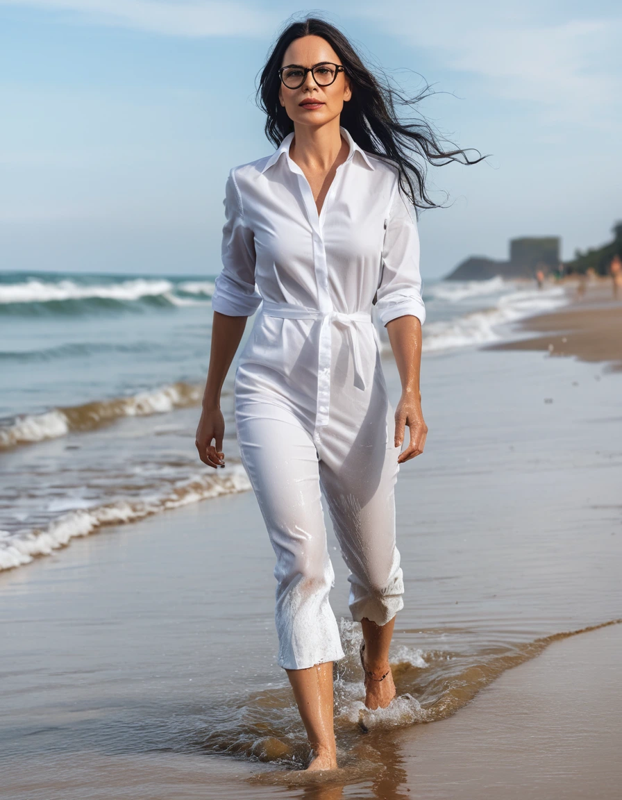 photo of young woman, in soaking wet, drenched clothes,
office shoes , midi tight white jeans shirt dress, midi tight white jeans shirt dress, walking on the beach, 
enjoying, wet clothes stuck to body,
detailed textures of the wet clothes, wet face, wet plastered hair,
wet, drenched, professional, high-quality details, full body view.
sharp focus, ultra-high pixel detail, realistic, high-quality, full colors, incredibly detailed, 4k, 8k, 16k, hyper-realistic, RAW photo, masterpiece, ultra-detailed, professionally color graded, professional photograph, woman 51 years old, long black hair, very big and thick lips, office glasses, complete body, open mouth,,, dry skin, dry clothes, dry fabric