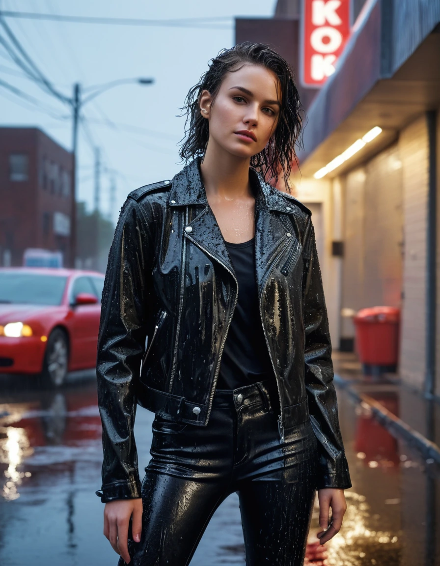 photo of young woman, in soaking wet, drenched clothes,
Black leather ankle boots, soaked and glistening , skin tight black leather jeans, saturated, black long sleeve leather shirt, black bikers leather jacket , suburban street corner next to a neon-lit laundromat entrance, drenched, close up, 
enjoying, wet clothes stuck to body,
detailed textures of the wet clothes, wet face, wet plastered hair,
wet, drenched, professional, high-quality details, full body view.
sharp focus, ultra-high pixel detail, realistic, high-quality, full colors, incredibly detailed, 4k, 8k, 16k, hyper-realistic, RAW photo, masterpiece, ultra-detailed, professionally color graded, professional photograph, intense wind-driven rain, hyper-realistic water droplets, cinematic rim lighting, fabric transparency, high-fashion editorial aesthetic, drenched hair, dry skin, dry clothes, dry fabric