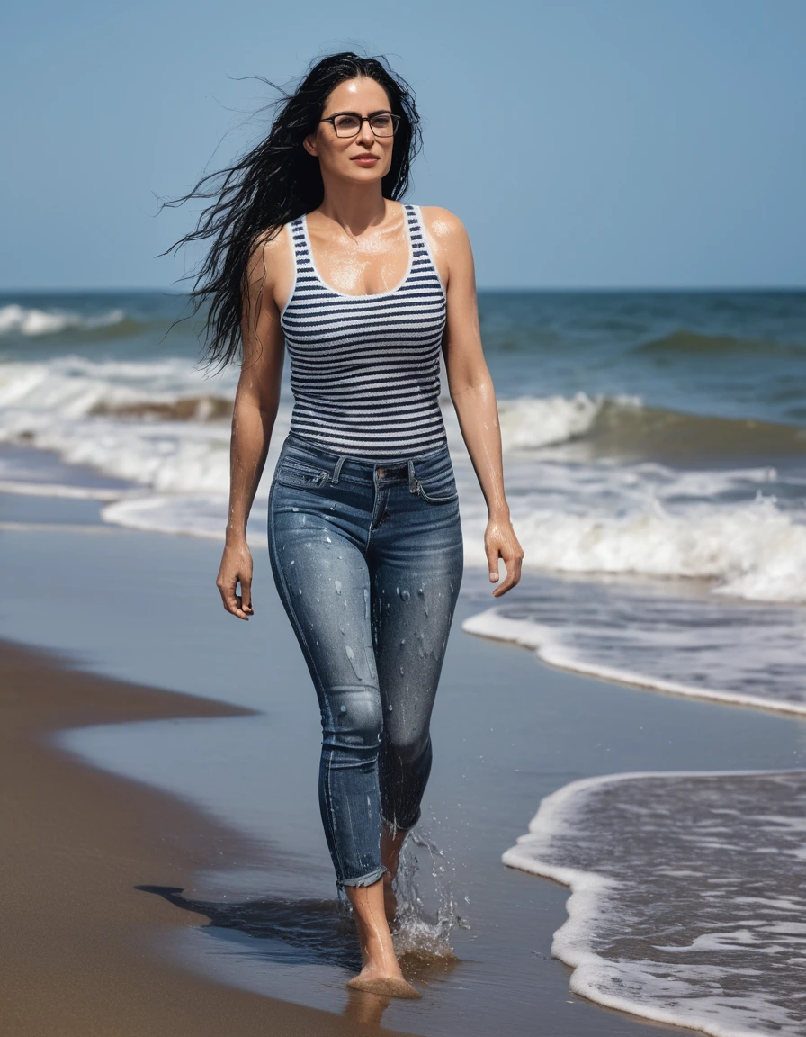 photo of young woman, in soaking wet, drenched clothes,
office shoes , long blue jeans leggins, black & white striped tight tank top, walking on the beach, 
enjoying, wet clothes stuck to body,
detailed textures of the wet clothes, wet face, wet plastered hair,
wet, drenched, professional, high-quality details, full body view.
sharp focus, ultra-high pixel detail, realistic, high-quality, full colors, incredibly detailed, 4k, 8k, 16k, hyper-realistic, RAW photo, masterpiece, ultra-detailed, professionally color graded, professional photograph, woman 51 years old, long black hair, very big and thick lips, office glasses, complete body, open mouth, dry skin, dry clothes, dry fabric