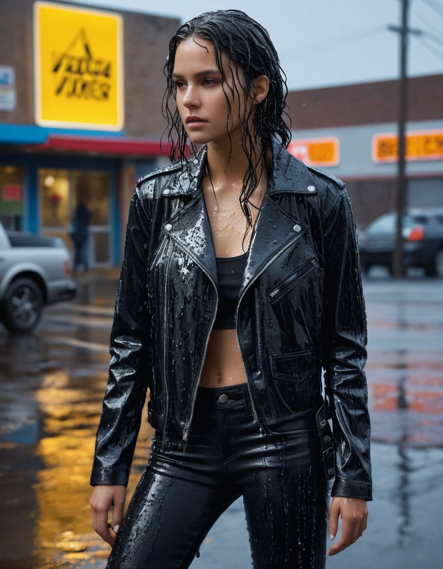 photo of young woman, in soaking wet, drenched clothes,
Black leather ankle boots, soaked and glistening , skin tight black leather jeans, saturated, black long sleeve leather shirt, black bikers leather jacket , suburban street corner next to a neon-lit laundromat entrance, drenched, close up, 
enjoying, wet clothes stuck to body,
detailed textures of the wet clothes, wet face, wet plastered hair,
wet, drenched, professional, high-quality details, full body view.
sharp focus, ultra-high pixel detail, realistic, high-quality, full colors, incredibly detailed, 4k, 8k, 16k, hyper-realistic, RAW photo, masterpiece, ultra-detailed, professionally color graded, professional photograph, intense wind-driven rain, hyper-realistic water droplets, cinematic rim lighting, fabric transparency, high-fashion editorial aesthetic, drenched hair, dry skin, dry clothes, dry fabric