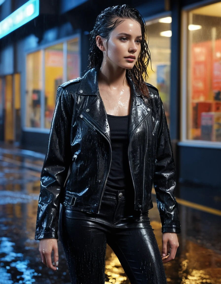 photo of young woman, in soaking wet, drenched clothes,
Black leather ankle boots, soaked and glistening , skin tight black leather jeans, saturated, black long sleeve leather shirt, black bikers leather jacket , suburban street corner next to a neon-lit laundromat entrance, drenched, close up, 
enjoying, wet clothes stuck to body,
detailed textures of the wet clothes, wet face, wet plastered hair,
wet, drenched, professional, high-quality details, full body view.
sharp focus, ultra-high pixel detail, realistic, high-quality, full colors, incredibly detailed, 4k, 8k, 16k, hyper-realistic, RAW photo, masterpiece, ultra-detailed, professionally color graded, professional photograph, intense wind-driven rain, hyper-realistic water droplets, cinematic rim lighting, fabric transparency, high-fashion editorial aesthetic, drenched hair, dry skin, dry clothes, dry fabric
