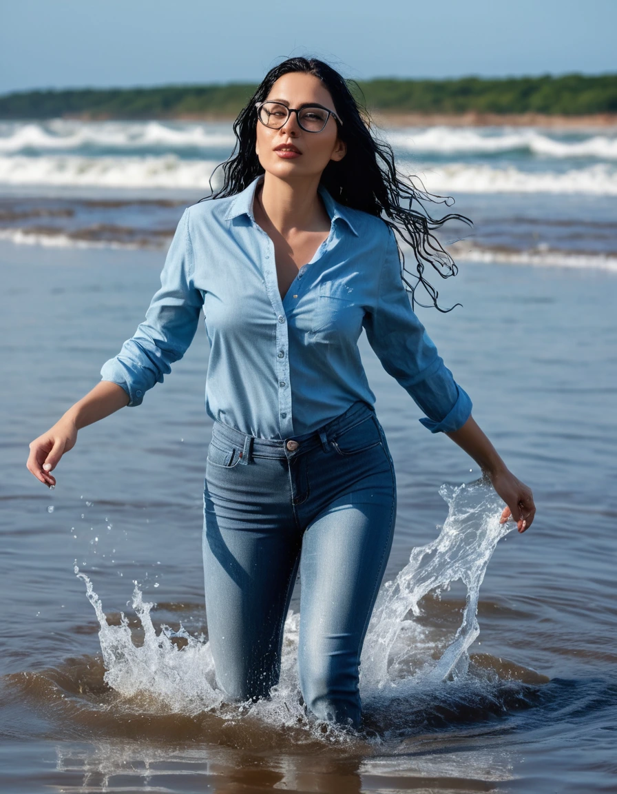 photo of young woman, in soaking wet, drenched clothes,
office shoes , long light blue tight jeans shinning, light blue tight jeans top, walking submerged in the waves, 
enjoying, wet clothes stuck to body,
detailed textures of the wet clothes, wet face, wet plastered hair,
wet, drenched, professional, high-quality details, full body view.
sharp focus, ultra-high pixel detail, realistic, high-quality, full colors, incredibly detailed, 4k, 8k, 16k, hyper-realistic, RAW photo, masterpiece, ultra-detailed, professionally color graded, professional photograph, woman 51 years old, long black hair, very big and thick lips, office glasses, complete body, open mouth, dry skin, dry clothes, dry fabric
