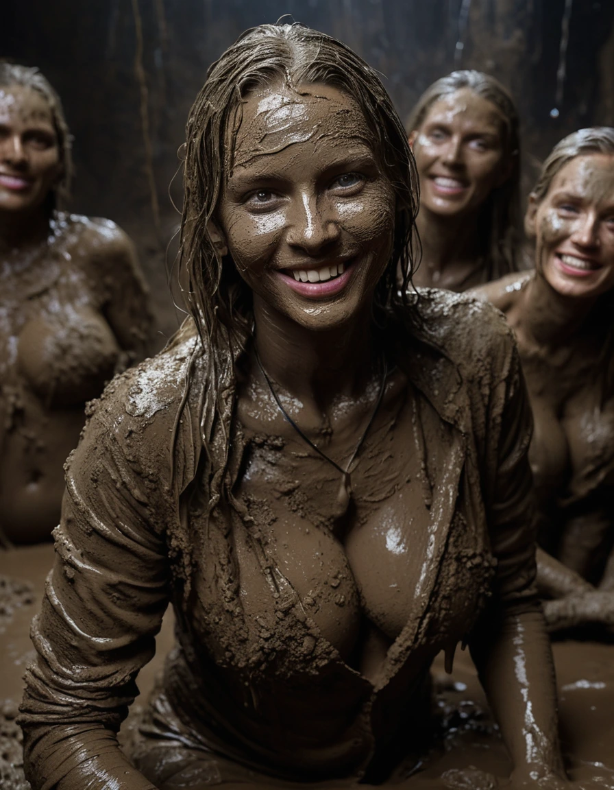photo of young woman, in soaking wet, drenched clothes,
Muddy high heels, Long very muddy suit pants, Full muddy ruined fully-opened unbuttoned sexy blazer like a fancy uniform over topless with super sexy cleavage and exposed extreme huge E-size saggy hanging boobs., Dark muddy indoor disco club at night. Deep mud on the floor, mud splashed walls, dripping mud from above, very dark mood lighting with pink and blue neon lights from above. Muddy chairs and sofas in the background. , 
enjoying, wet clothes stuck to body,
detailed textures of the wet clothes, wet face, wet plastered hair,
wet, drenched, professional, high-quality details, full body view.
sharp focus, ultra-high pixel detail, realistic, high-quality, full colors, incredibly detailed, 4k, 8k, 16k, hyper-realistic, RAW photo, masterpiece, ultra-detailed, professionally color graded, professional photograph, Three stunning blonde 60 years old beautiful gleaming grannies are wallowing together in the deep muddy pool after a full dip in it and holding a glass of champagne in their hands during the crazy muddy indoor disco party at night and posing for a professional photo. They are proudly wearing their fully and heavily mud-covered unbuttoned and opened sexy suits which fully exposing their amazingly huge sexy and saggy muddy boobs. Focus on the large muddy cleavages of the blazers and on the bravely displayed super huge muddy heavy saggy boobs. Every small details of the clothes are muddy, muddy beautiful faces, muddy chests and huge saggy boobs. Their blazer has the same colour as their muddy pants. The classy elegant disco club is totally destroyed by mud, mud spots everywhere, mud flows down on the walls, mud on the furnitures in the background. Straight muddy very long open wavy hairstyle, muddy hair, smiling and satisfied beautiful muddy faces, blue eyes, necklaces, earrings, lipstick. The women are enjoying to being total muddy in the muddy pool, being sexy, naughty while they are enjoying the muddy fetish party. Realistic huge heavy saggy muddy boobs and photorealistic detailed smiling facial expressions. Intimate close-up picture about the women. Close-up photo from front view, highly realistic representation, ultra sharp focus, highly photorealistic detailed textures, highly photorealistic detailed facial features and expressions, highly photorealistic hands, highly emotional reactions, highly best quality, highly sharp photorealistic image, highly photorealistic details, full UHD resolution, 32 K, very high level of detail and image sharpness, zoomed in, dry skin, dry clothes, dry fabric, dry skin, dry clothes, dry fabric, dry skin, dry clothes, dry fabric, dry skin, dry clothes, dry fabric, dry skin, dry clothes, dry fabric, dry skin, dry clothes, dry fabric