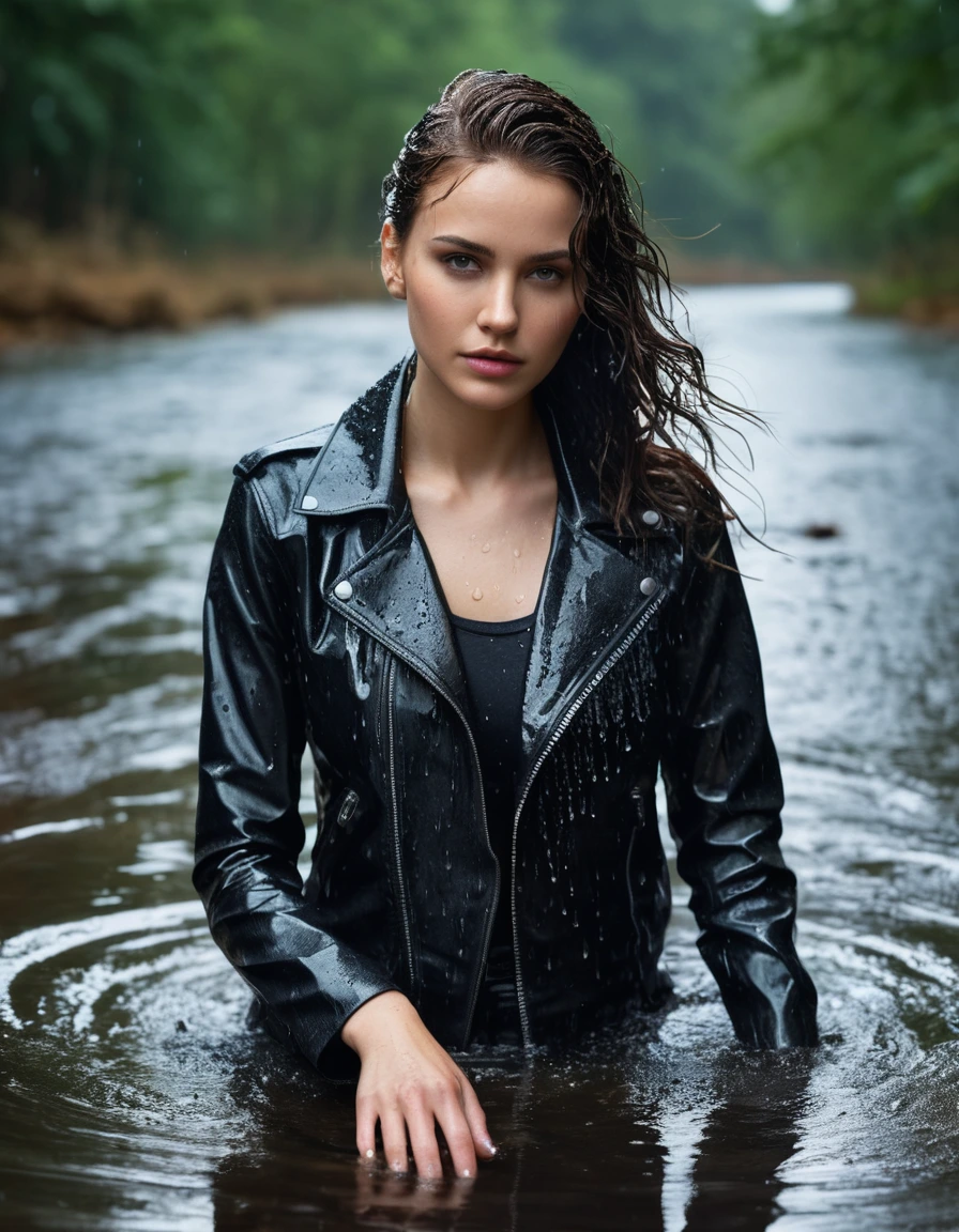 photo of young woman, in soaking wet, drenched clothes,
Black leather ankle boots, soaked and glistening , skin tight black leather jeans, saturated, black long sleeve leather shirt, black bikers leather jacket , snow covered forest, lying sbmerged in a river, head and sholders above the water, drenched, close up, 
enjoying, wet clothes stuck to body,
detailed textures of the wet clothes, wet face, wet plastered hair,
wet, drenched, professional, high-quality details, full body view.
sharp focus, ultra-high pixel detail, realistic, high-quality, full colors, incredibly detailed, 4k, 8k, 16k, hyper-realistic, RAW photo, masterpiece, ultra-detailed, professionally color graded, professional photograph, intense wind-driven rain, hyper-realistic water droplets, cinematic rim lighting, fabric transparency, high-fashion editorial aesthetic, drenched hair, dry skin, dry clothes, dry fabric