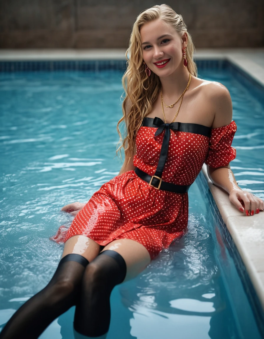 photo of young woman, in soaking wet, drenched clothes,
red high heels, black pull-up stockings with garter belt, wet long red dress with white polka dots, wet long red dress with white polka dots with sleeves, sitting in a pool, 
enjoying, wet clothes stuck to body,
detailed textures of the wet clothes, wet face, wet plastered hair,
wet, drenched, professional, high-quality details, full body view.
sharp focus, ultra-high pixel detail, realistic, high-quality, full colors, incredibly detailed, 4k, 8k, 16k, hyper-realistic, RAW photo, masterpiece, ultra-detailed, professionally color graded, professional photograph, smile, wet long blonde hair, gold necklace, gold earrings, gold belt, dry skin, dry clothes, dry fabric