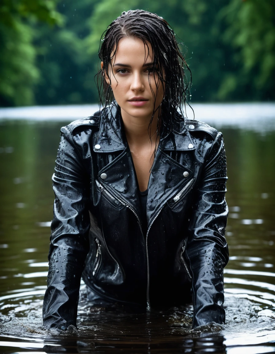 photo of young woman, in soaking wet, drenched clothes,
Black leather ankle boots, soaked and glistening, skin tight black leather jeans, saturated, black long sleeve leather shirt, black bikers leather jacket, swimming in a lake, drenched, close up, 
enjoying, wet clothes stuck to body,
detailed textures of the wet clothes, wet face, wet plastered hair,
wet, drenched, professional, high-quality details, full body view.
sharp focus, ultra-high pixel detail, realistic, high-quality, full colors, incredibly detailed, 4k, 8k, 16k, hyper-realistic, RAW photo, masterpiece, ultra-detailed, professionally color graded, professional photograph, saturated leather clinging to skin, intense flash photography, glossy wet borwn hair, water droplets on skin, sharp contrast, cinematic street lighting, high resolution, dry skin, dry clothes, dry fabric