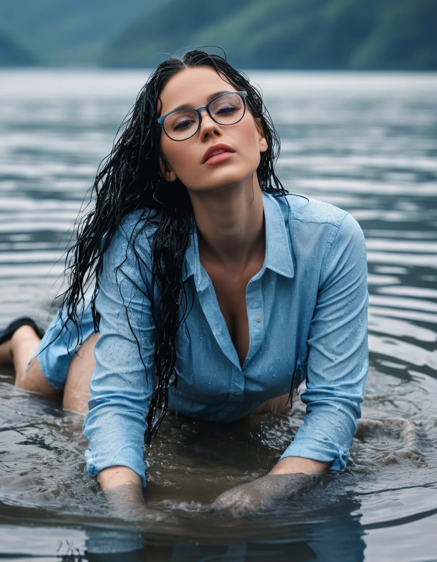 photo of young woman, in soaking wet, drenched clothes,
office shoes , long light blue tight jeans shinning, light blue tight jeans top, standing lying in the water, 
enjoying, wet clothes stuck to body,
detailed textures of the wet clothes, wet face, wet plastered hair,
wet, drenched, professional, high-quality details, full body view.
sharp focus, ultra-high pixel detail, realistic, high-quality, full colors, incredibly detailed, 4k, 8k, 16k, hyper-realistic, RAW photo, masterpiece, ultra-detailed, professionally color graded, professional photograph, woman 51 years old, long black hair, very big and thick lips, office glasses, complete body, open mouth, dry skin, dry clothes, dry fabric