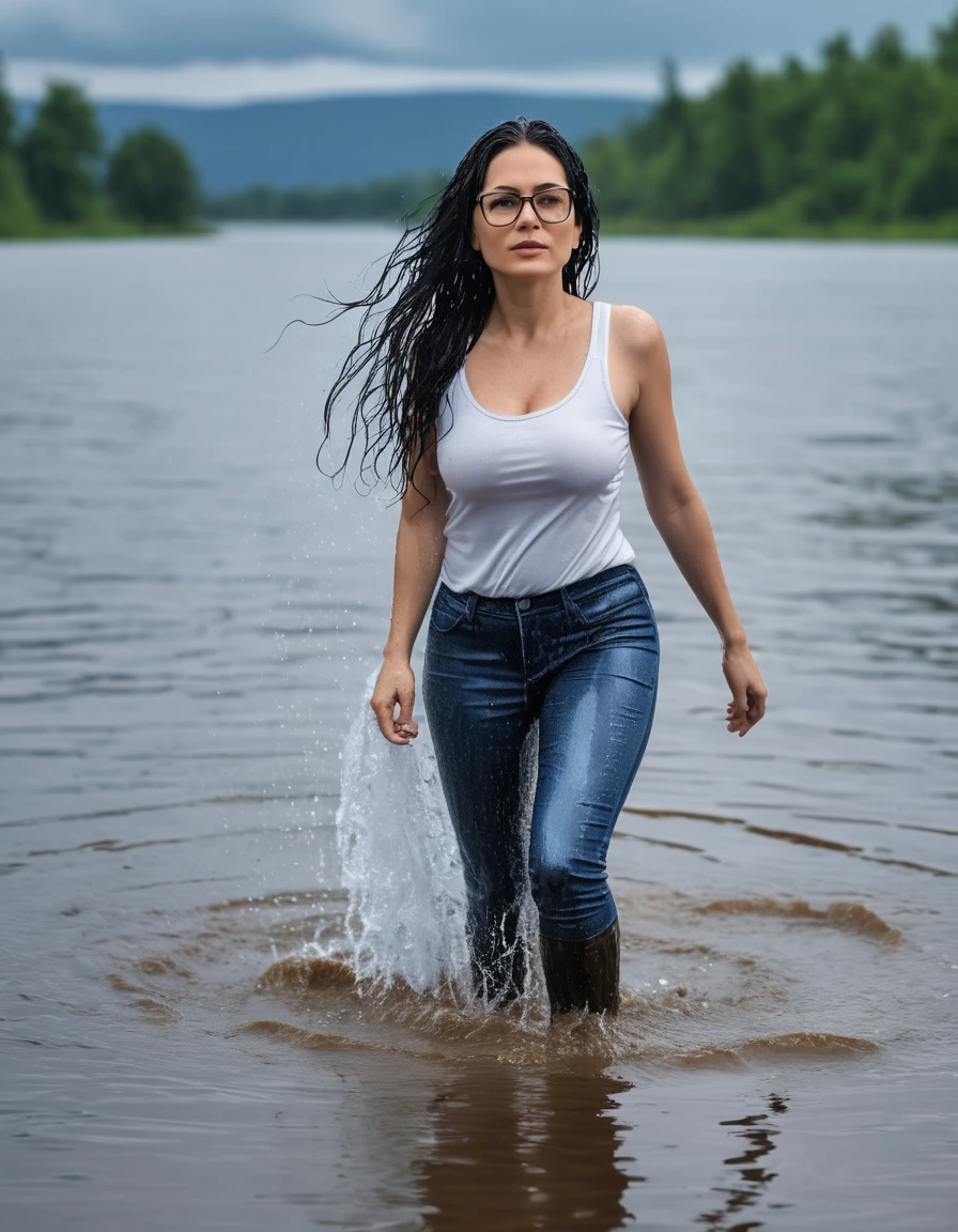 photo of young woman, in soaking wet, drenched clothes,
office shoes , long blue jeans leggins, white tight tank top, walking submerged in lake under hard rain, 
enjoying, wet clothes stuck to body,
detailed textures of the wet clothes, wet face, wet plastered hair,
wet, drenched, professional, high-quality details, full body view.
sharp focus, ultra-high pixel detail, realistic, high-quality, full colors, incredibly detailed, 4k, 8k, 16k, hyper-realistic, RAW photo, masterpiece, ultra-detailed, professionally color graded, professional photograph, woman 51 years old, long black hair, very big and thick lips, office glasses, complete body, open mouth, dry skin, dry clothes, dry fabric