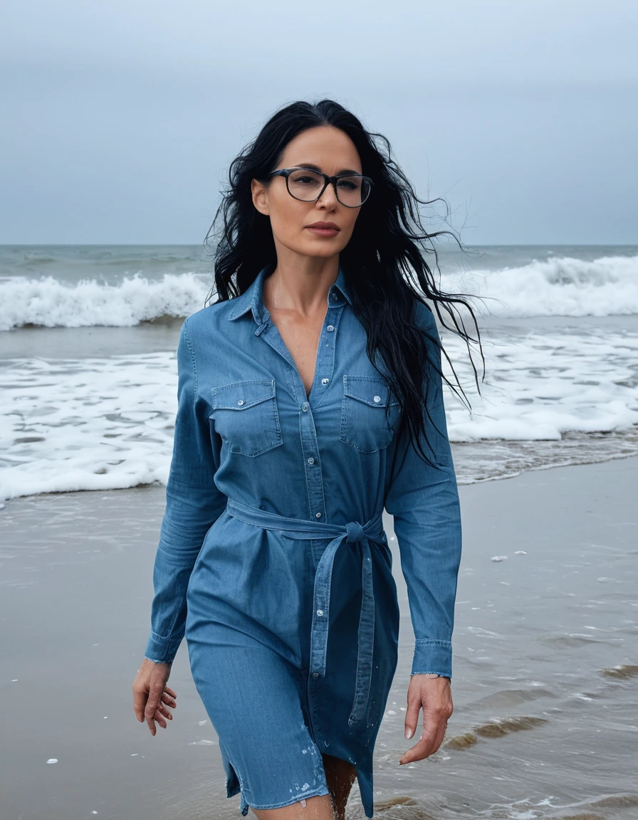photo of young woman, in soaking wet, drenched clothes,
office shoes , midi light tight blue jeans shirt dress, midi light tight blue jeans shirt dress, walking on the beach, 
enjoying, wet clothes stuck to body,
detailed textures of the wet clothes, wet face, wet plastered hair,
wet, drenched, professional, high-quality details, full body view.
sharp focus, ultra-high pixel detail, realistic, high-quality, full colors, incredibly detailed, 4k, 8k, 16k, hyper-realistic, RAW photo, masterpiece, ultra-detailed, professionally color graded, professional photograph, woman 51 years old, long black hair, very big and thick lips, office glasses, complete body, open mouth,,, dry skin, dry clothes, dry fabric