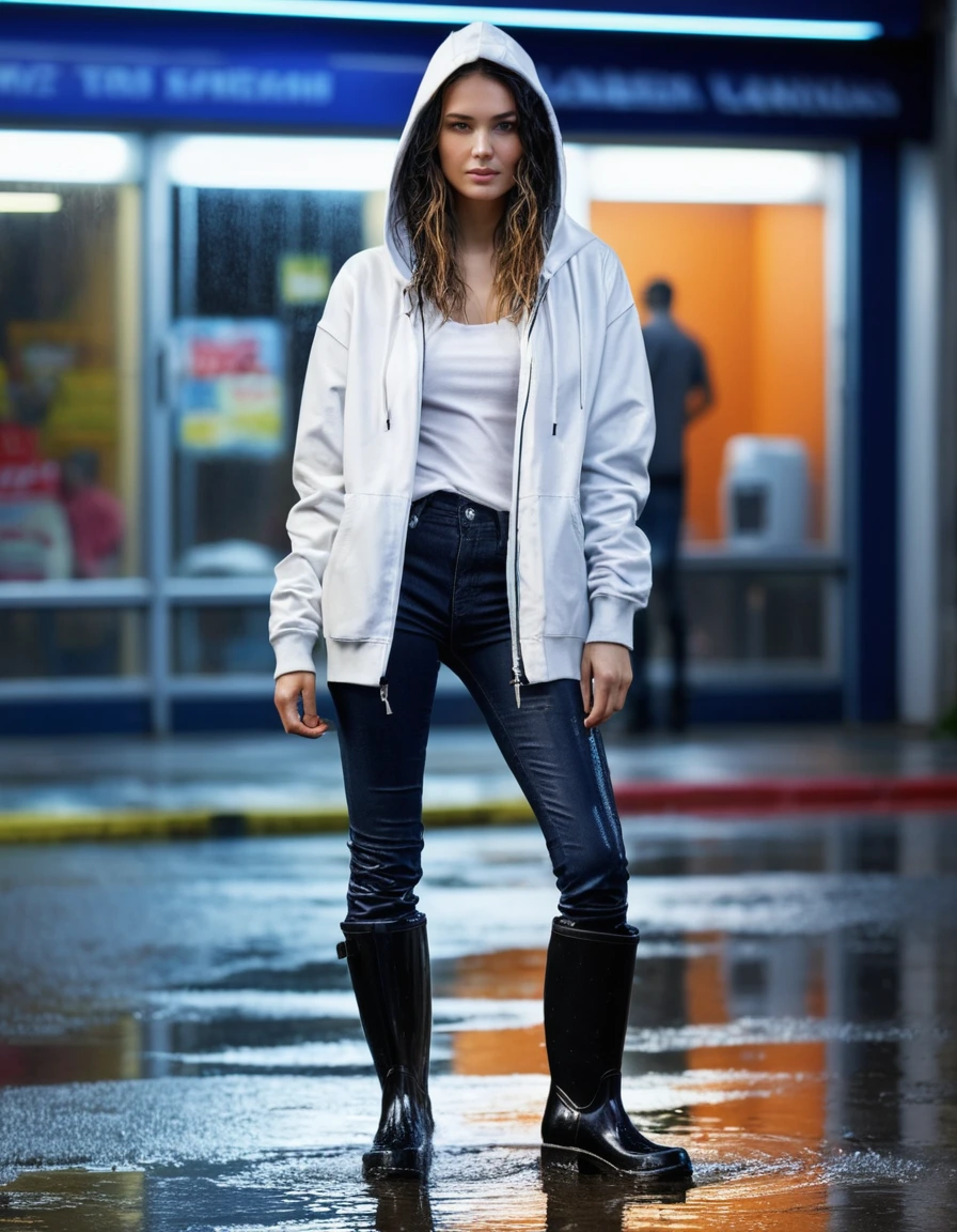 photo of young woman, in soaking wet, drenched clothes,
black rubber knee-high rain boots, tight navy blue denim skinny jeans, soaking wet, heavy white cotton hoodie, saturated and clinging to skin, suburban street corner next to a neon-lit laundromat entrance, 
enjoying, wet clothes stuck to body,
detailed textures of the wet clothes, wet face, wet plastered hair,
wet, drenched, professional, high-quality details, full body view.
sharp focus, ultra-high pixel detail, realistic, high-quality, full colors, incredibly detailed, 4k, 8k, 16k, hyper-realistic, RAW photo, masterpiece, ultra-detailed, professionally color graded, professional photograph, intense wind-driven rain, hyper-realistic water droplets, cinematic rim lighting, fabric transparency, high-fashion editorial aesthetic, drenched hair, dry skin, dry clothes, dry fabric