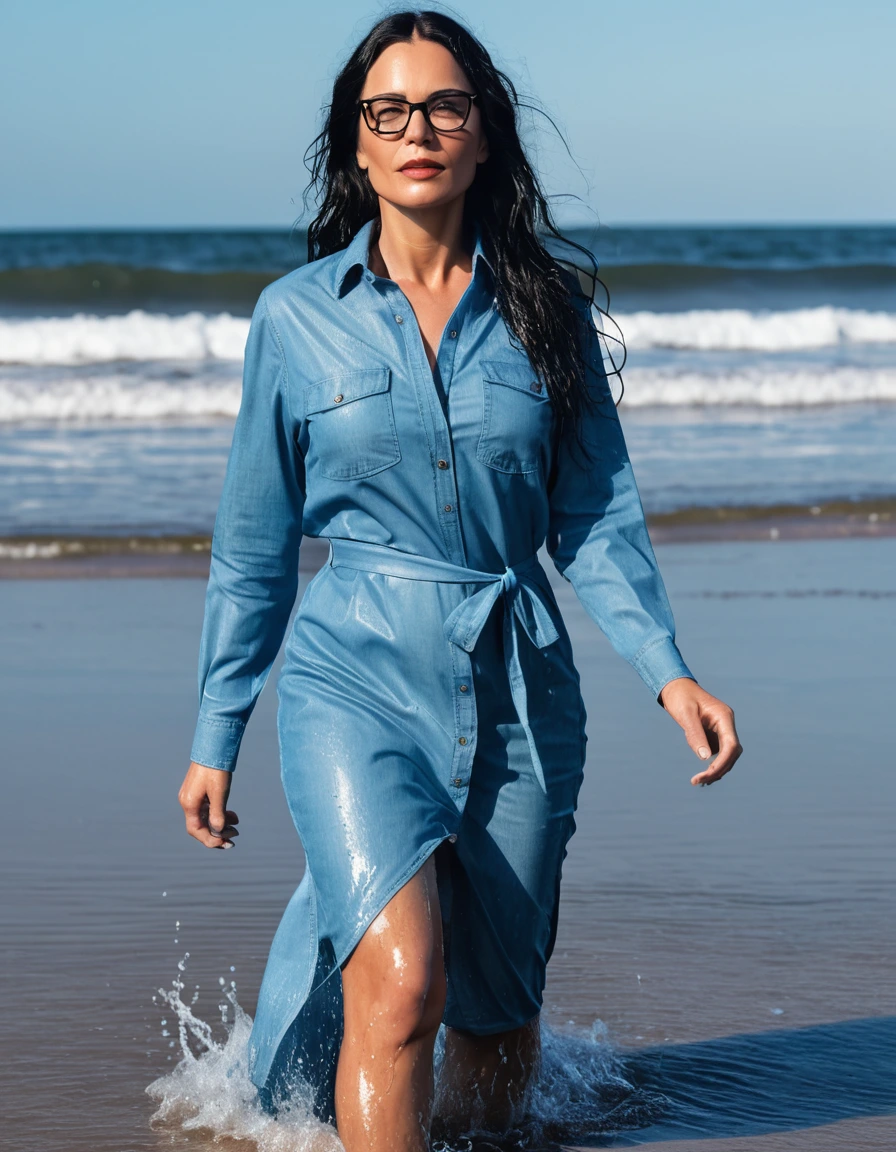 photo of young woman, in soaking wet, drenched clothes,
office shoes , maxitight light blue jeans shirt dress, maxi tight blue jeans shirt dress, walking on the beach, 
enjoying, wet clothes stuck to body,
detailed textures of the wet clothes, wet face, wet plastered hair,
wet, drenched, professional, high-quality details, full body view.
sharp focus, ultra-high pixel detail, realistic, high-quality, full colors, incredibly detailed, 4k, 8k, 16k, hyper-realistic, RAW photo, masterpiece, ultra-detailed, professionally color graded, professional photograph, woman 51 years old, long black hair, very big and thick lips, office glasses, complete body, open mouth, dry skin, dry clothes, dry fabric