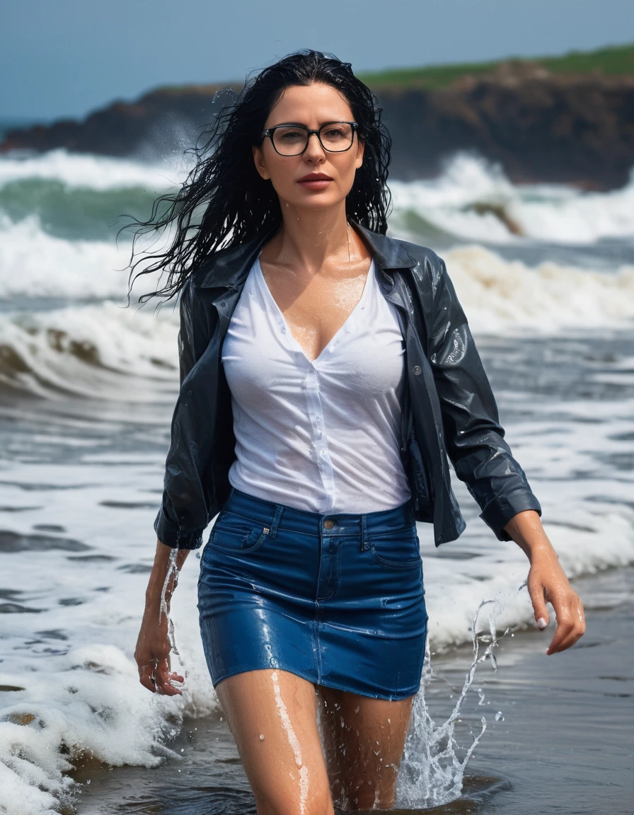 photo of young woman, in soaking wet, drenched clothes,
office shoes , short tight blue leather jeans skirt, white tight tank top, walking in sea waves, 
enjoying, wet clothes stuck to body,
detailed textures of the wet clothes, wet face, wet plastered hair,
wet, drenched, professional, high-quality details, full body view.
sharp focus, ultra-high pixel detail, realistic, high-quality, full colors, incredibly detailed, 4k, 8k, 16k, hyper-realistic, RAW photo, masterpiece, ultra-detailed, professionally color graded, professional photograph, woman 51 years old, long black hair, very big and thick lips, office glasses, complete body, open mouth, dry skin, dry clothes, dry fabric
