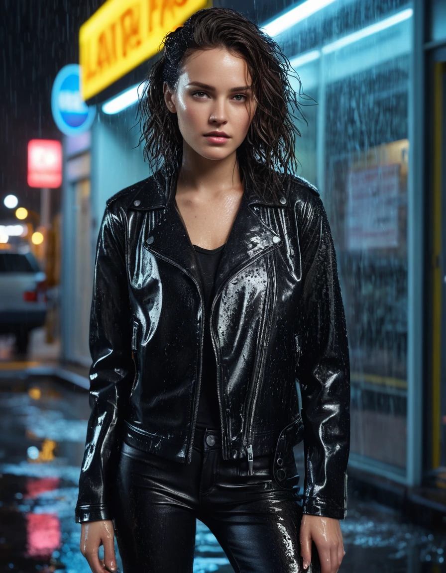 photo of young woman, in soaking wet, drenched clothes,
Black leather ankle boots, soaked and glistening , skin tight black leather jeans, saturated, black long sleeve leather shirt, black bikers leather jacket , suburban street corner next to a neon-lit laundromat entrance, drenched, close up, 
enjoying, wet clothes stuck to body,
detailed textures of the wet clothes, wet face, wet plastered hair,
wet, drenched, professional, high-quality details, full body view.
sharp focus, ultra-high pixel detail, realistic, high-quality, full colors, incredibly detailed, 4k, 8k, 16k, hyper-realistic, RAW photo, masterpiece, ultra-detailed, professionally color graded, professional photograph, intense wind-driven rain, hyper-realistic water droplets, cinematic rim lighting, fabric transparency, high-fashion editorial aesthetic, drenched hair, dry skin, dry clothes, dry fabric