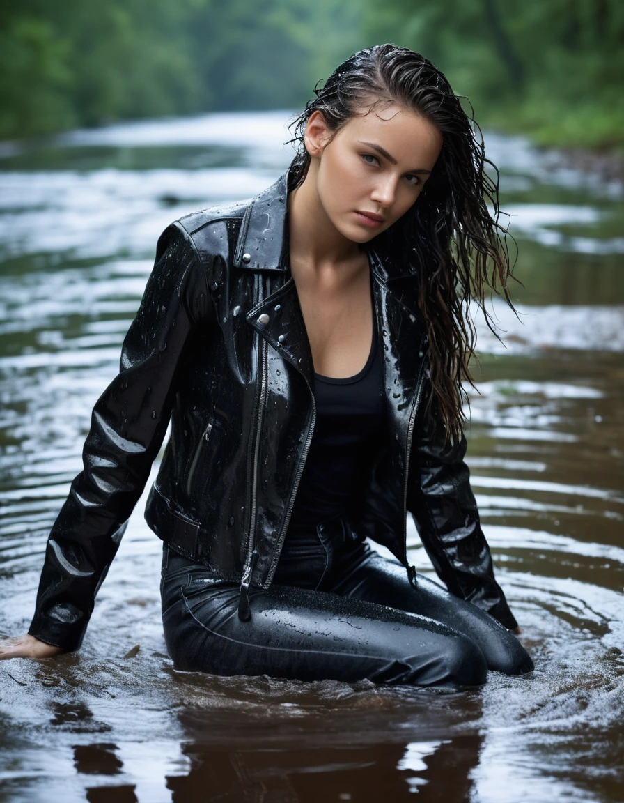photo of young woman, in soaking wet, drenched clothes,
Black leather ankle boots, soaked and glistening , skin tight black leather jeans, saturated, black long sleeve leather shirt, black bikers leather jacket , snow covered forest, lying sbmerged in a river, head and sholders above the water, drenched, close up, 
enjoying, wet clothes stuck to body,
detailed textures of the wet clothes, wet face, wet plastered hair,
wet, drenched, professional, high-quality details, full body view.
sharp focus, ultra-high pixel detail, realistic, high-quality, full colors, incredibly detailed, 4k, 8k, 16k, hyper-realistic, RAW photo, masterpiece, ultra-detailed, professionally color graded, professional photograph, intense wind-driven rain, hyper-realistic water droplets, cinematic rim lighting, fabric transparency, high-fashion editorial aesthetic, drenched hair, dry skin, dry clothes, dry fabric