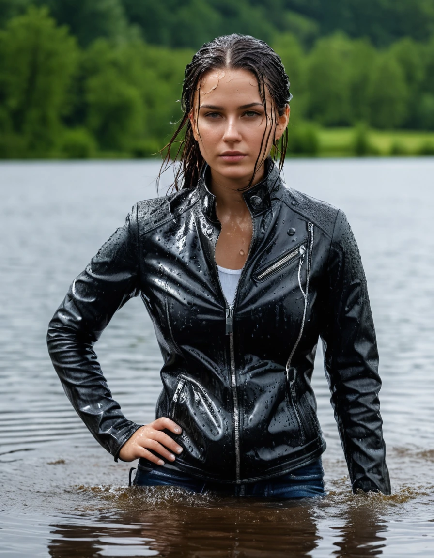 photo of young woman, in soaking wet, drenched clothes,
Black leather ankle boots, soaked and glistening, skin tight black leather jeans, saturated, black long sleeve leather shirt, black bikers leather jacket, swimming in a lake, drenched, close up, 
enjoying, wet clothes stuck to body,
detailed textures of the wet clothes, wet face, wet plastered hair,
wet, drenched, professional, high-quality details, full body view.
sharp focus, ultra-high pixel detail, realistic, high-quality, full colors, incredibly detailed, 4k, 8k, 16k, hyper-realistic, RAW photo, masterpiece, ultra-detailed, professionally color graded, professional photograph, saturated leather clinging to skin, intense flash photography, glossy wet borwn hair, water droplets on skin, sharp contrast, cinematic street lighting, high resolution, dry skin, dry clothes, dry fabric
