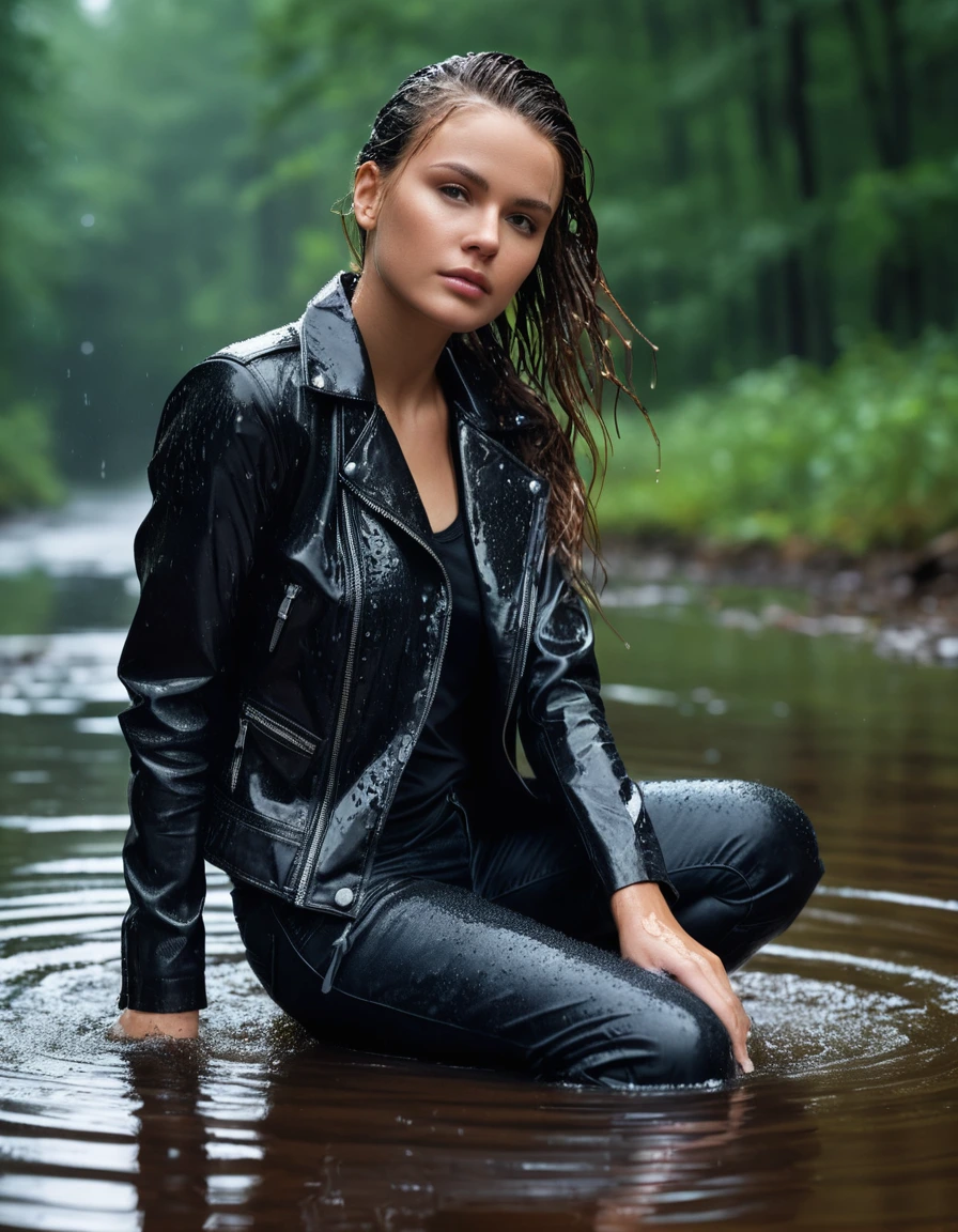 photo of young woman, in soaking wet, drenched clothes,
Black leather ankle boots, soaked and glistening , skin tight black leather jeans, saturated, black long sleeve leather shirt, black bikers leather jacket , snow covered forest, lying sbmerged in a river, head and sholders above the water, drenched, close up, 
enjoying, wet clothes stuck to body,
detailed textures of the wet clothes, wet face, wet plastered hair,
wet, drenched, professional, high-quality details, full body view.
sharp focus, ultra-high pixel detail, realistic, high-quality, full colors, incredibly detailed, 4k, 8k, 16k, hyper-realistic, RAW photo, masterpiece, ultra-detailed, professionally color graded, professional photograph, intense wind-driven rain, hyper-realistic water droplets, cinematic rim lighting, fabric transparency, high-fashion editorial aesthetic, drenched hair, dry skin, dry clothes, dry fabric