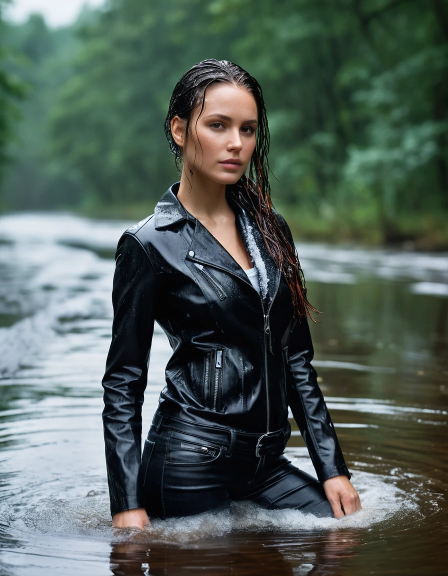 photo of young woman, in soaking wet, drenched clothes,
Black leather ankle boots, soaked and glistening , skin tight black leather jeans, saturated, black long sleeve leather shirt, black bikers leather jacket , snow covered forest, lying sbmerged in a river, head and sholders above the water, drenched, close up, 
enjoying, wet clothes stuck to body,
detailed textures of the wet clothes, wet face, wet plastered hair,
wet, drenched, professional, high-quality details, full body view.
sharp focus, ultra-high pixel detail, realistic, high-quality, full colors, incredibly detailed, 4k, 8k, 16k, hyper-realistic, RAW photo, masterpiece, ultra-detailed, professionally color graded, professional photograph, intense wind-driven rain, hyper-realistic water droplets, cinematic rim lighting, fabric transparency, high-fashion editorial aesthetic, drenched hair, dry skin, dry clothes, dry fabric