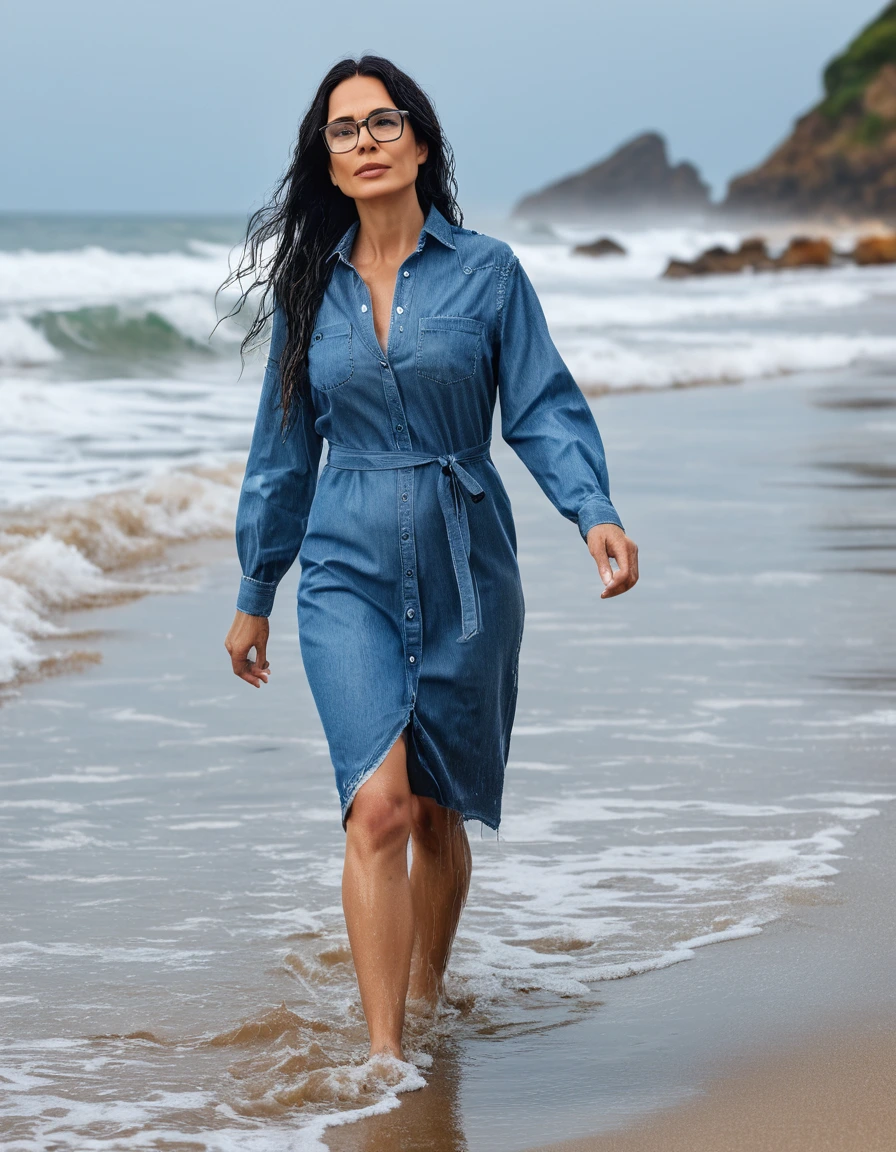 photo of young woman, in soaking wet, drenched clothes,
office shoes , midi tight blue jeans shirt dress, midi tight blue jeans shirt dress, walking on the beach, 
enjoying, wet clothes stuck to body,
detailed textures of the wet clothes, wet face, wet plastered hair,
wet, drenched, professional, high-quality details, full body view.
sharp focus, ultra-high pixel detail, realistic, high-quality, full colors, incredibly detailed, 4k, 8k, 16k, hyper-realistic, RAW photo, masterpiece, ultra-detailed, professionally color graded, professional photograph, woman 51 years old, long black hair, very big and thick lips, office glasses, complete body, open mouth,,, dry skin, dry clothes, dry fabric