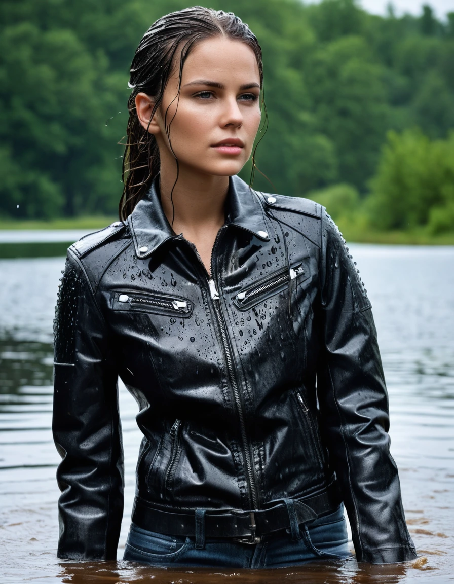 photo of young woman, in soaking wet, drenched clothes,
Black leather ankle boots, soaked and glistening, skin tight black leather jeans, saturated, black long sleeve leather shirt, black bikers leather jacket, swimming in a lake, drenched, close up, 
enjoying, wet clothes stuck to body,
detailed textures of the wet clothes, wet face, wet plastered hair,
wet, drenched, professional, high-quality details, full body view.
sharp focus, ultra-high pixel detail, realistic, high-quality, full colors, incredibly detailed, 4k, 8k, 16k, hyper-realistic, RAW photo, masterpiece, ultra-detailed, professionally color graded, professional photograph, saturated leather clinging to skin, intense flash photography, glossy wet borwn hair, water droplets on skin, sharp contrast, cinematic street lighting, high resolution, dry skin, dry clothes, dry fabric