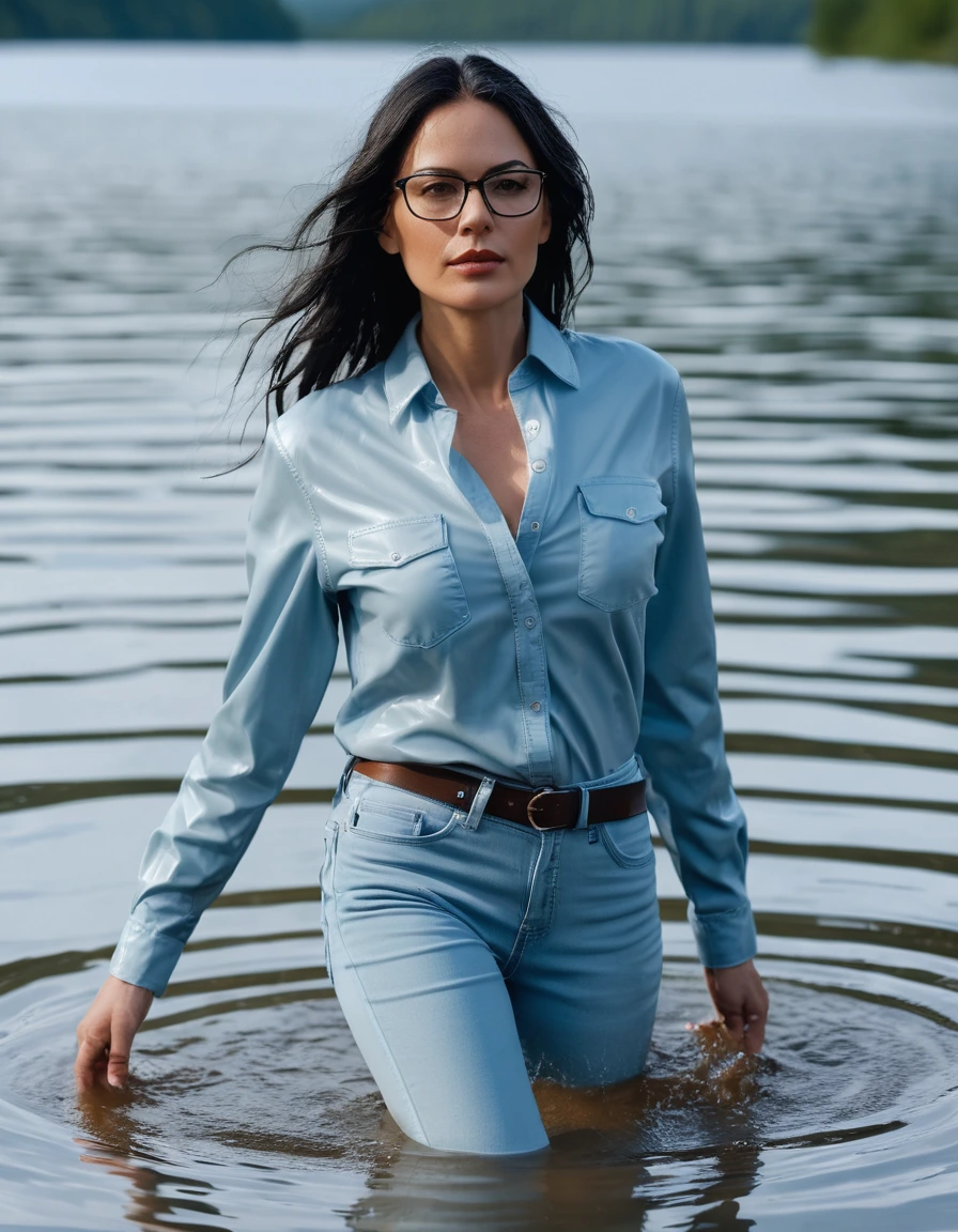 photo of young woman, in soaking wet, drenched clothes,
office shoes , long light blue leather jeans, long light blue leather jeans shirt with long sleeves, walking submerged in sunny deep lake, 
enjoying, wet clothes stuck to body,
detailed textures of the wet clothes, wet face, wet plastered hair,
wet, drenched, professional, high-quality details, full body view.
sharp focus, ultra-high pixel detail, realistic, high-quality, full colors, incredibly detailed, 4k, 8k, 16k, hyper-realistic, RAW photo, masterpiece, ultra-detailed, professionally color graded, professional photograph, woman 51 years old, long black hair, very big and thick lips, office glasses, complete body, open mouth, dry skin, dry clothes, dry fabric