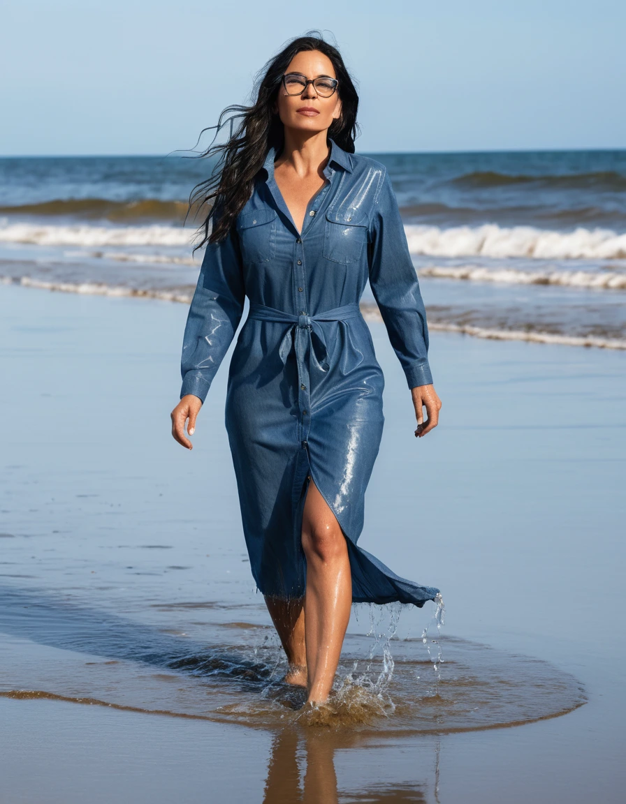 photo of young woman, in soaking wet, drenched clothes,
office shoes , midi tight blue jeans shirt dress, midi tight blue jeans shirt dress, walking on the beach, 
enjoying, wet clothes stuck to body,
detailed textures of the wet clothes, wet face, wet plastered hair,
wet, drenched, professional, high-quality details, full body view.
sharp focus, ultra-high pixel detail, realistic, high-quality, full colors, incredibly detailed, 4k, 8k, 16k, hyper-realistic, RAW photo, masterpiece, ultra-detailed, professionally color graded, professional photograph, woman 51 years old, long black hair, very big and thick lips, office glasses, complete body, open mouth, dry skin, dry clothes, dry fabric